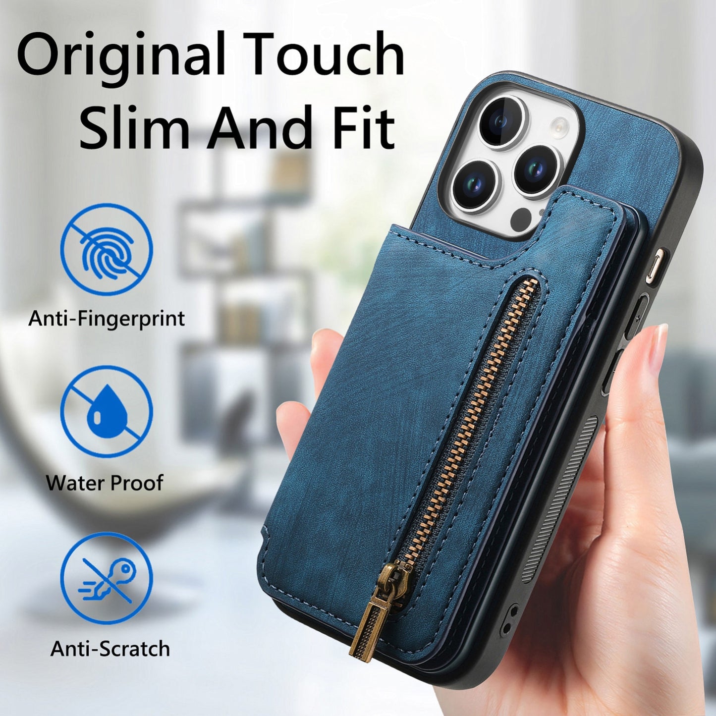 For-iPhone-16-Pro-Retro-Leather-Zipper-Wallet-Back-Phone-Case(Blue)