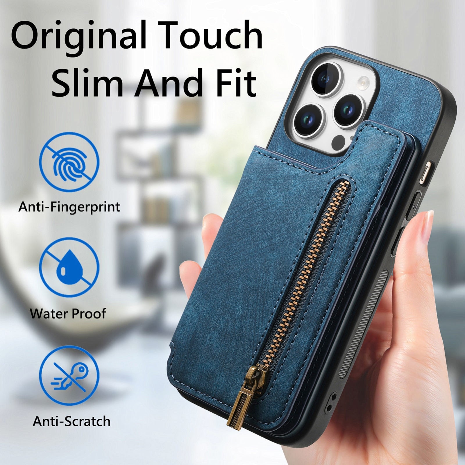 For-iPhone-16-Pro-Retro-Leather-Zipper-Wallet-Back-Phone-Case(Blue)