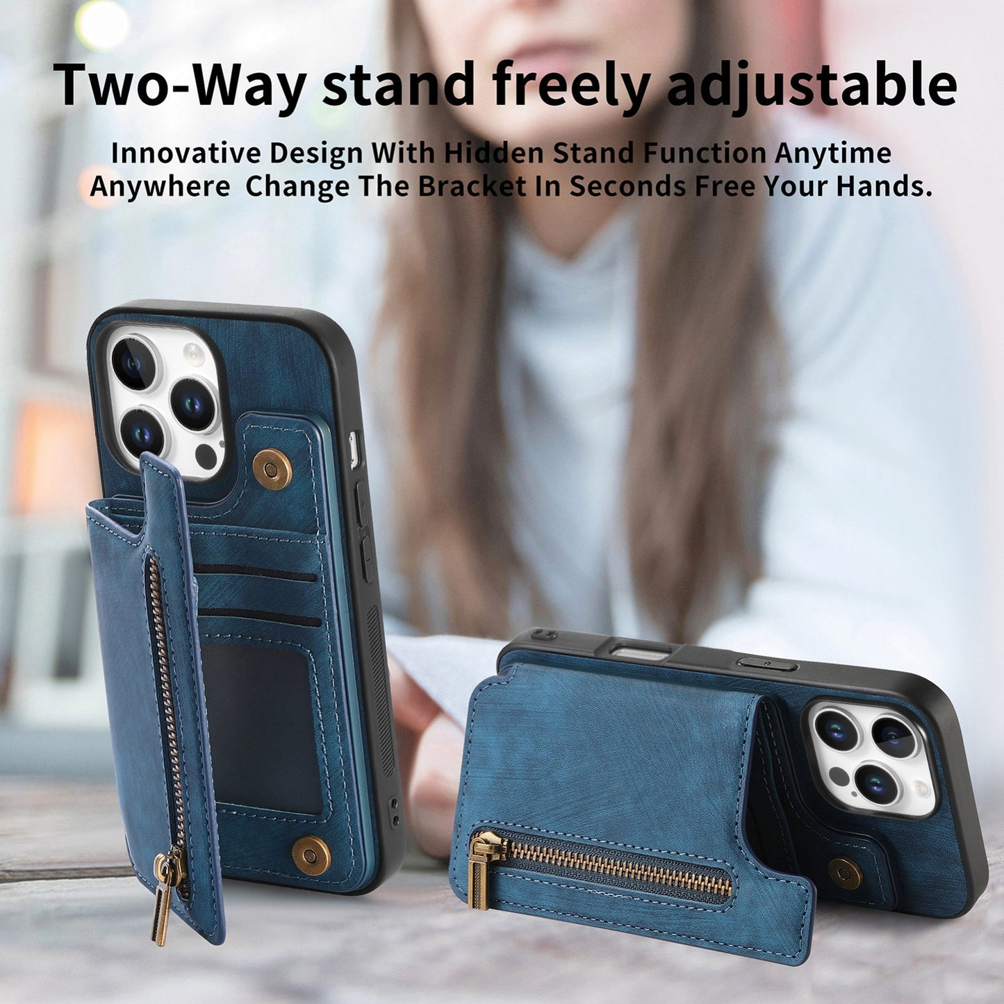 For-iPhone-16-Pro-Retro-Leather-Zipper-Wallet-Back-Phone-Case(Blue)