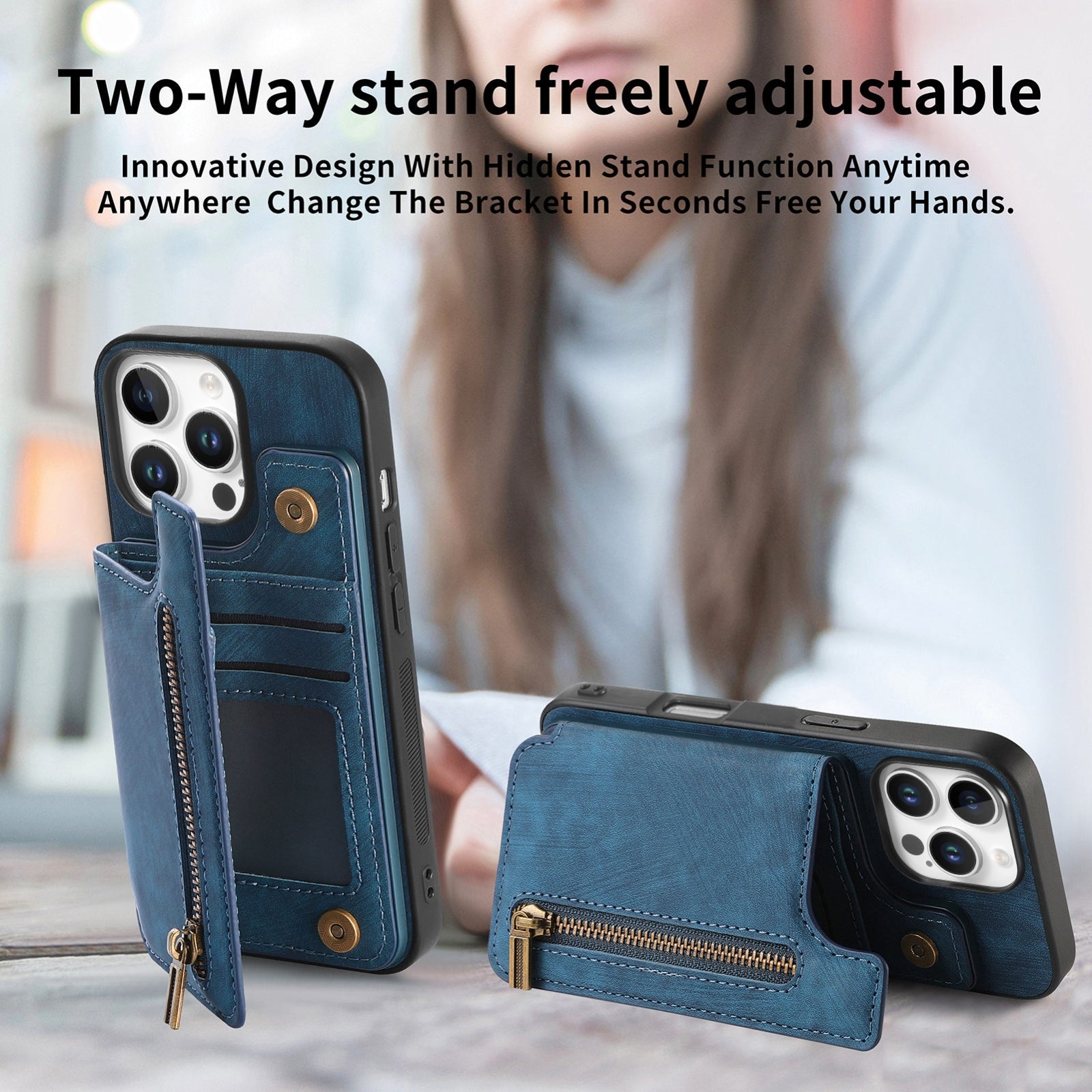 For-iPhone-16-Pro-Retro-Leather-Zipper-Wallet-Back-Phone-Case(Blue)