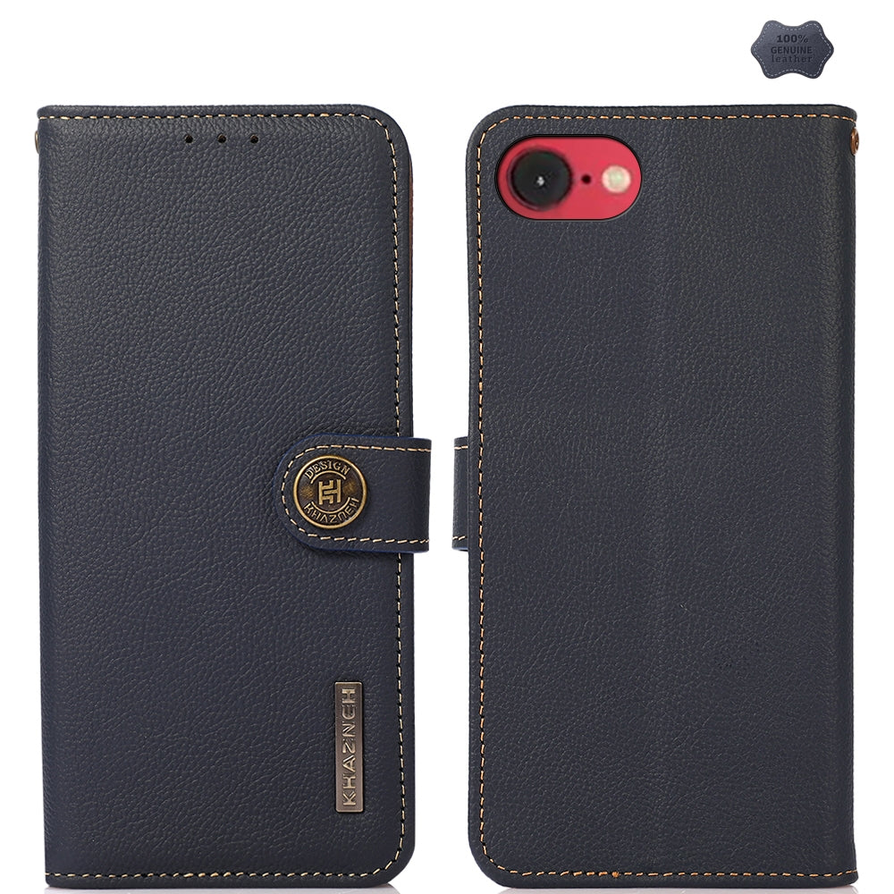 For-iPhone-16e-/-17e-KHAZNEH-Custer-Genuine-Leather-RFID-Phone-Case(Blue)