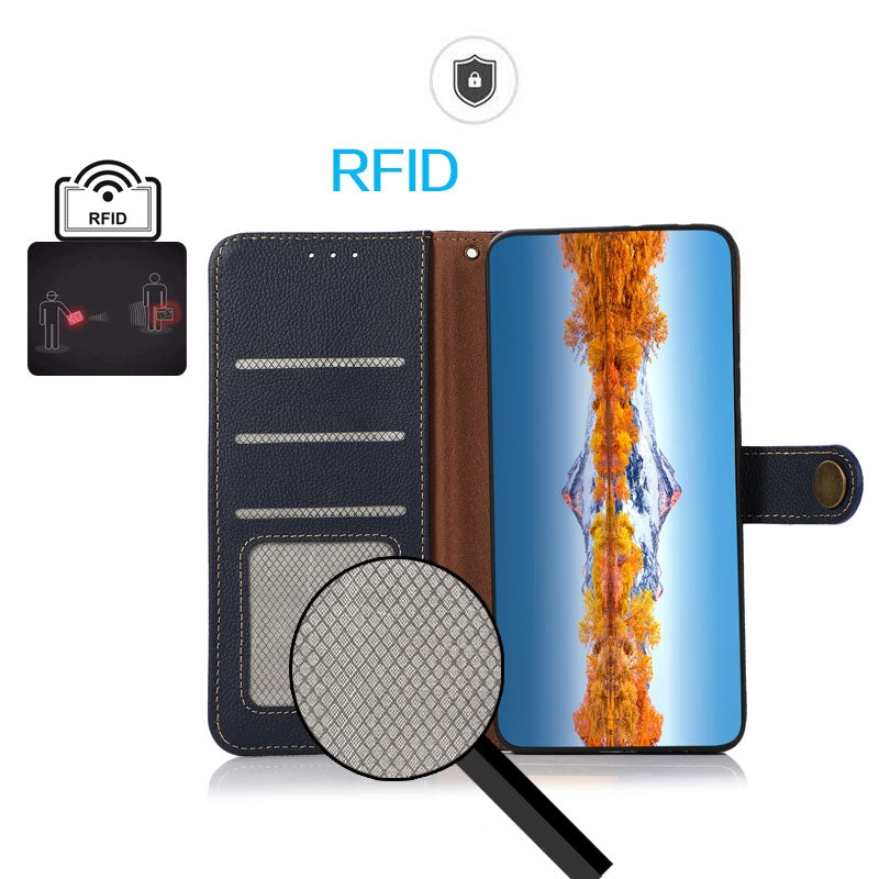 For-iPhone-16e-/-17e-KHAZNEH-Custer-Genuine-Leather-RFID-Phone-Case(Blue)