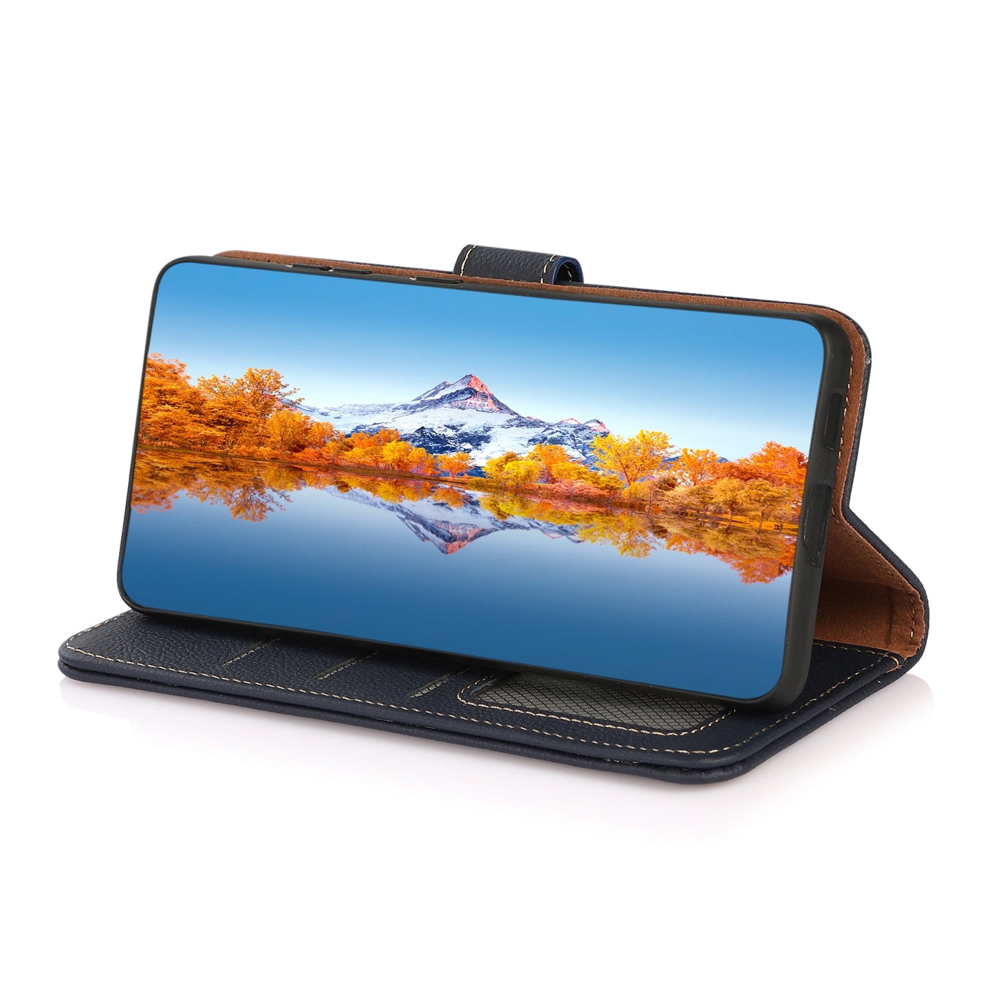 For-iPhone-16e-/-17e-KHAZNEH-Custer-Genuine-Leather-RFID-Phone-Case(Blue)