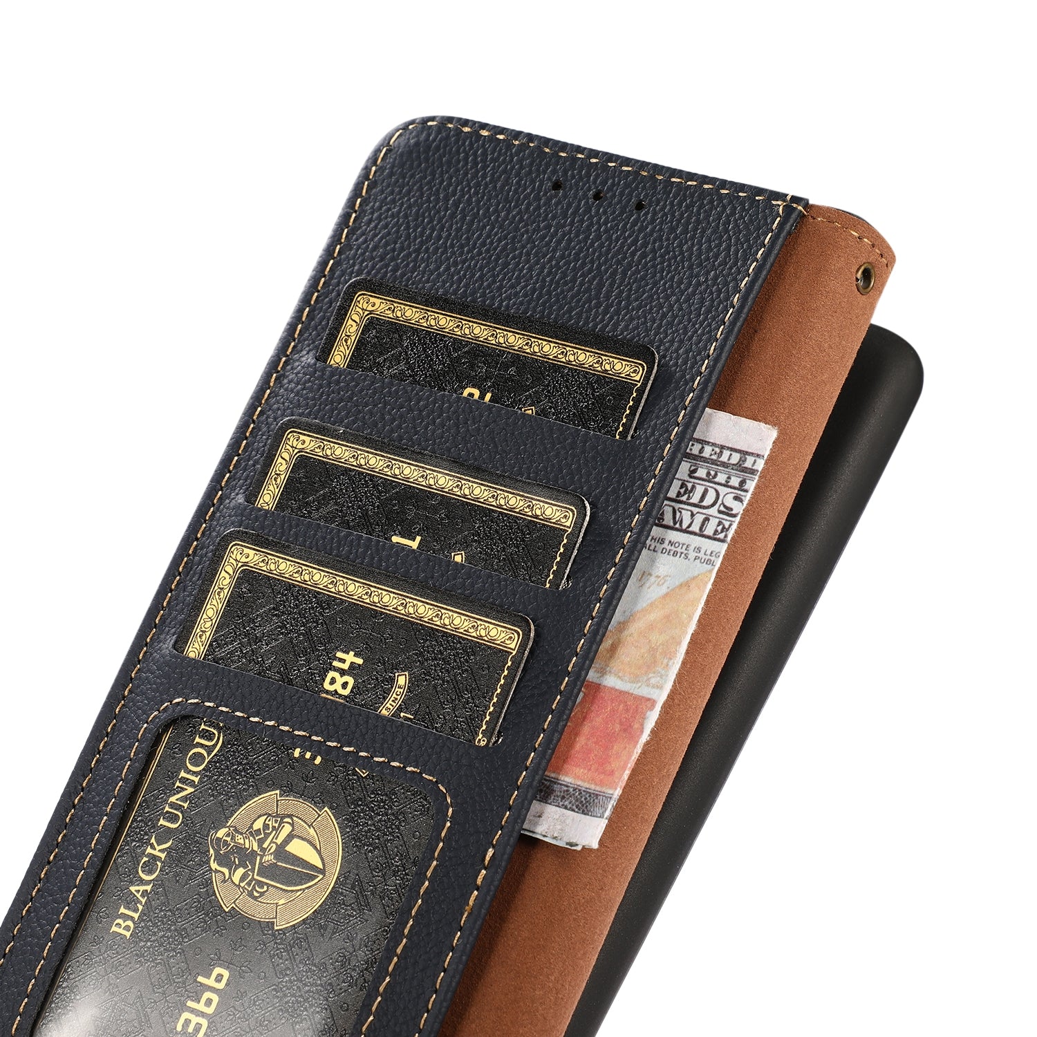 For-iPhone-16e-/-17e-KHAZNEH-Custer-Genuine-Leather-RFID-Phone-Case(Blue)