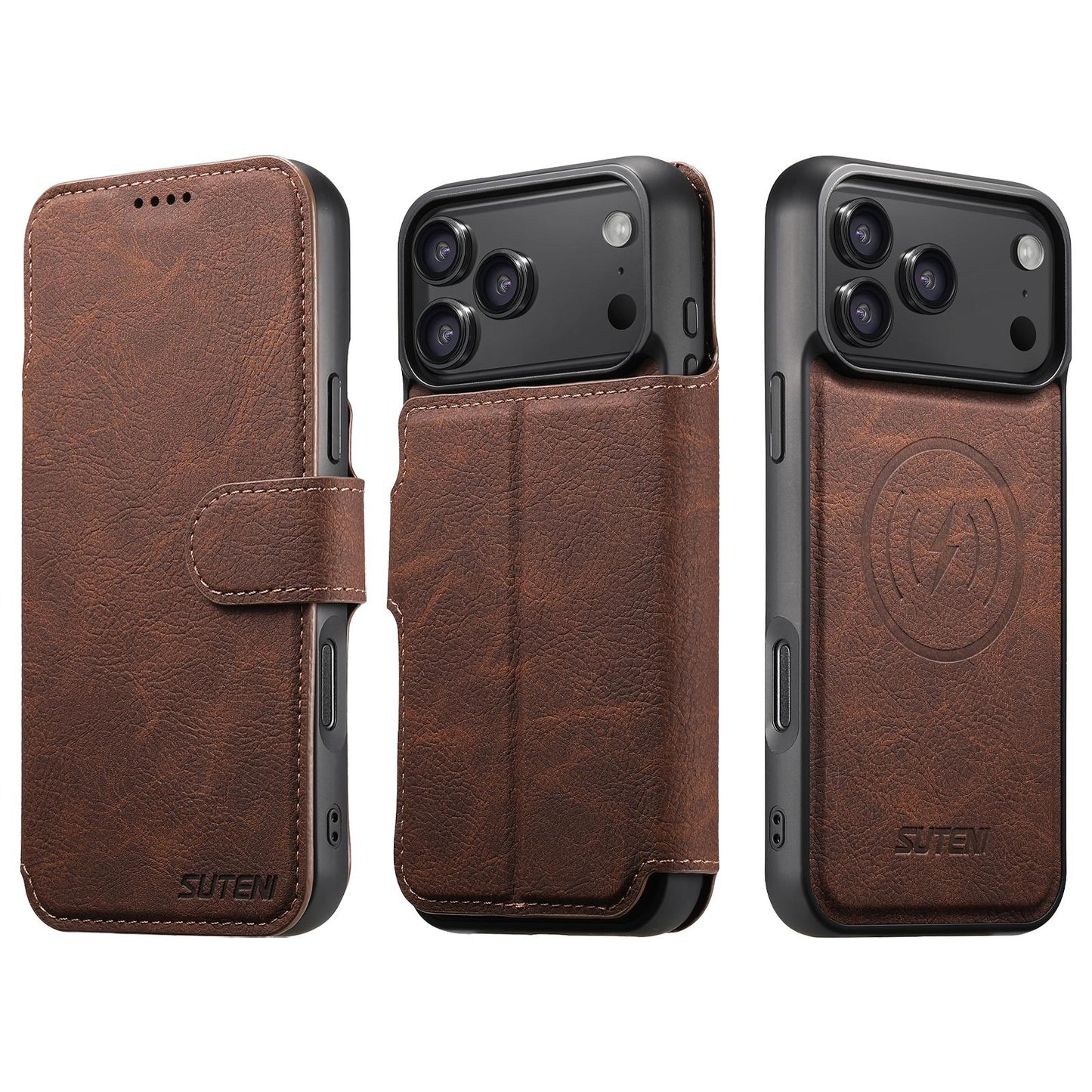 For-iPhone-17-Pro-Max-Suteni-Q05-2-in-1-Multi-function-MagSafe-Wallet-Litchi-Leather-Phone-Case(Brown)