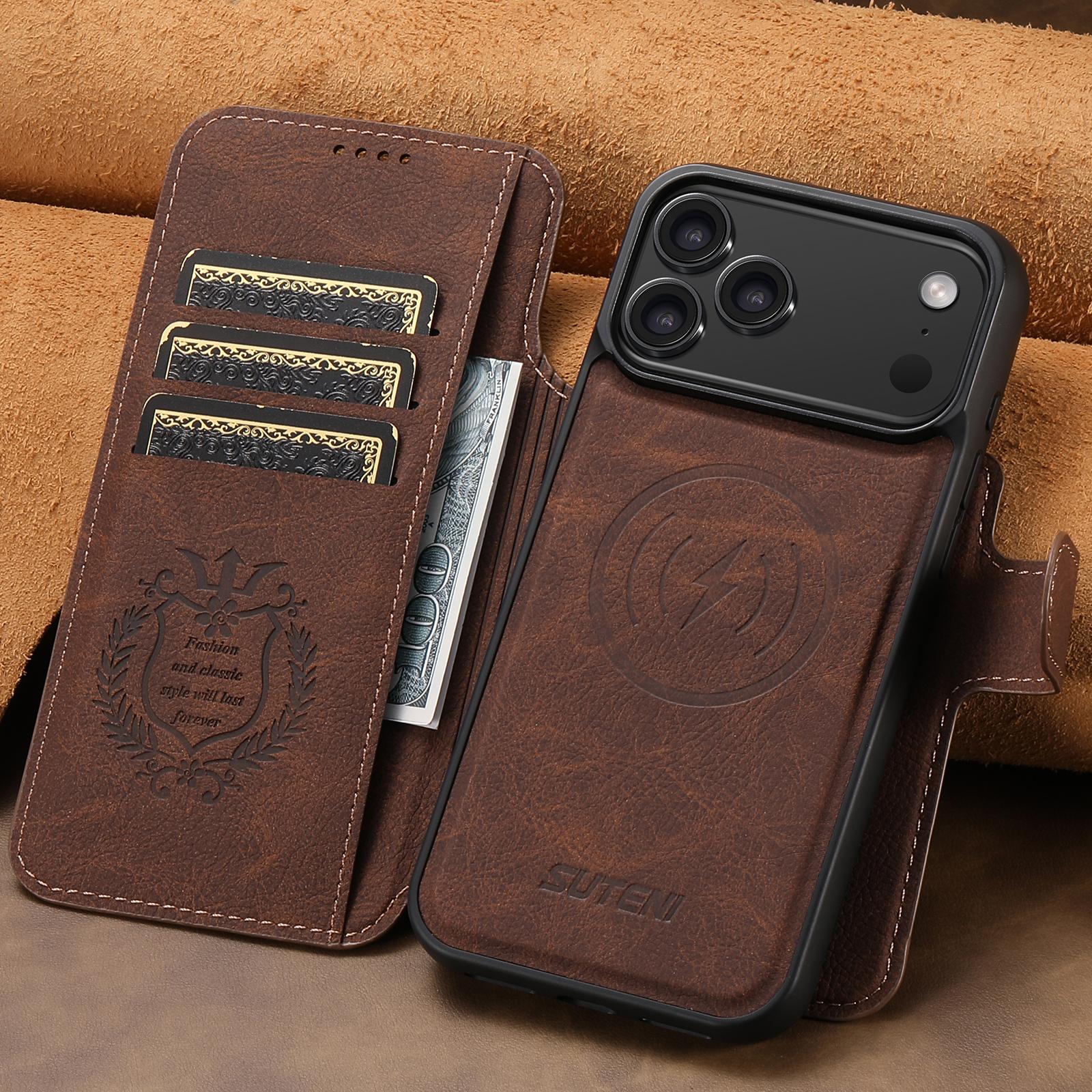 For-iPhone-17-Pro-Max-Suteni-Q05-2-in-1-Multi-function-MagSafe-Wallet-Litchi-Leather-Phone-Case(Brown)