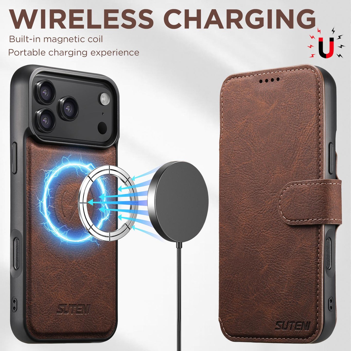 For-iPhone-17-Pro-Max-Suteni-Q05-2-in-1-Multi-function-MagSafe-Wallet-Litchi-Leather-Phone-Case(Brown)