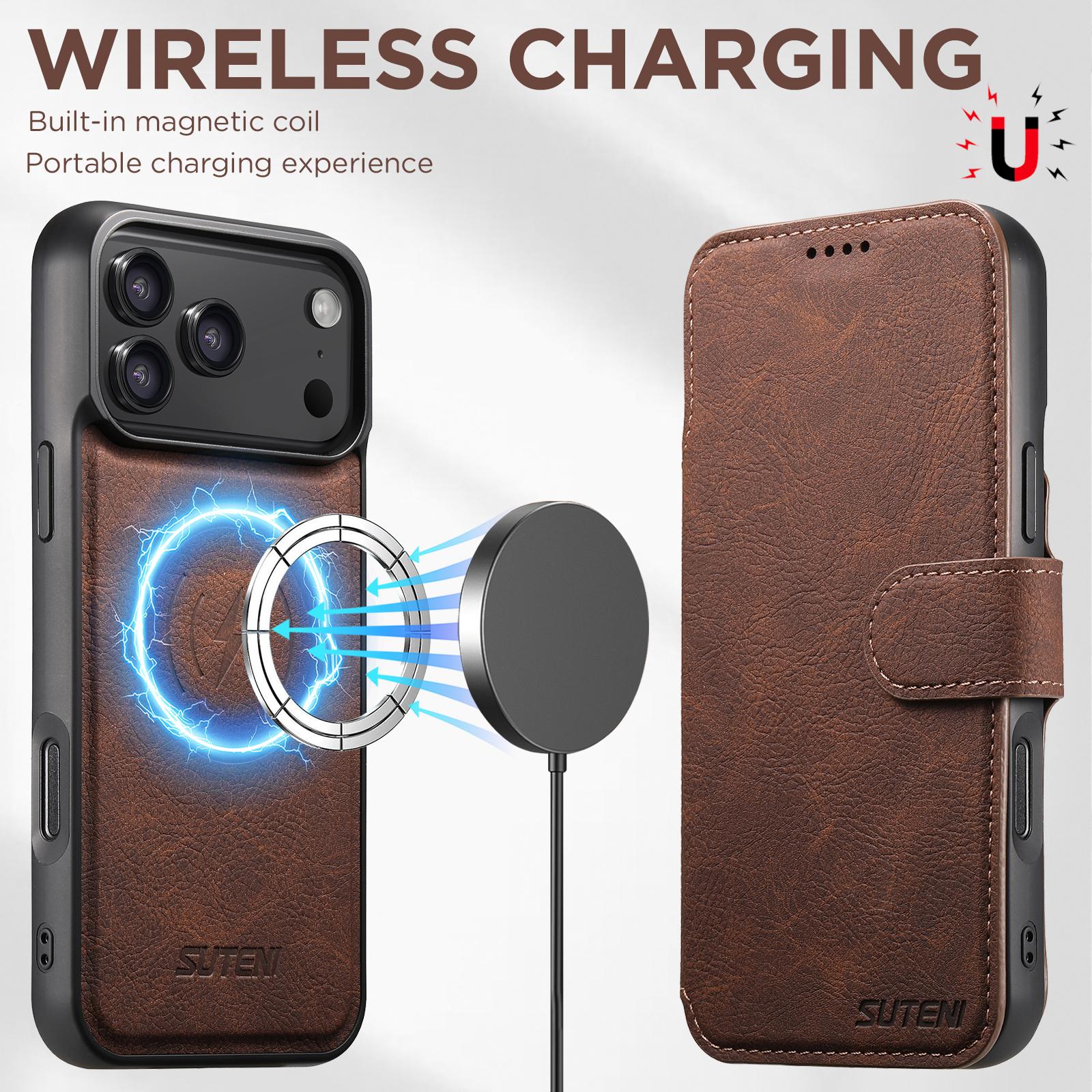 For-iPhone-17-Pro-Max-Suteni-Q05-2-in-1-Multi-function-MagSafe-Wallet-Litchi-Leather-Phone-Case(Brown)