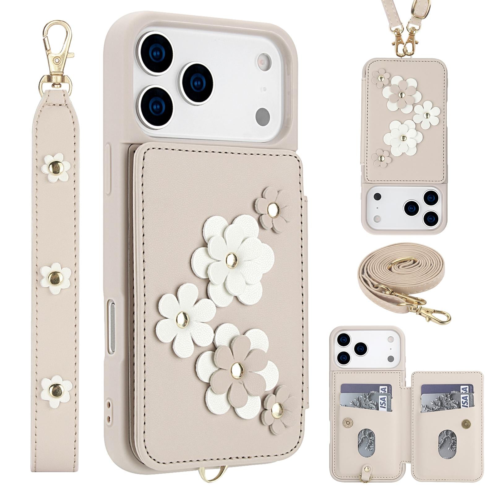 For-iPhone-17-Pro-Max-Crossbody-Flower-Pattern-Leather-Phone-Case(White)