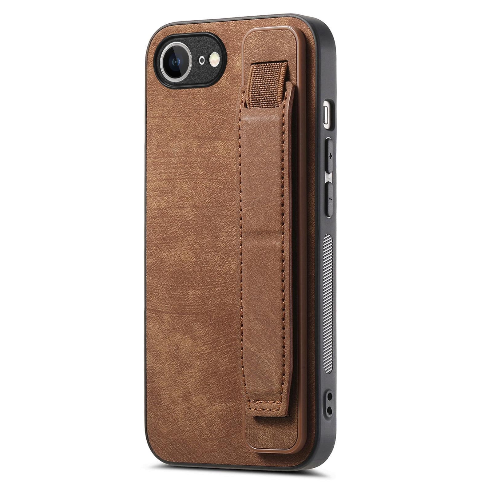 For-iPhone-17e-/-16e-Retro-Wristband-Holder-Leather-Back-Phone-Case(Brown)