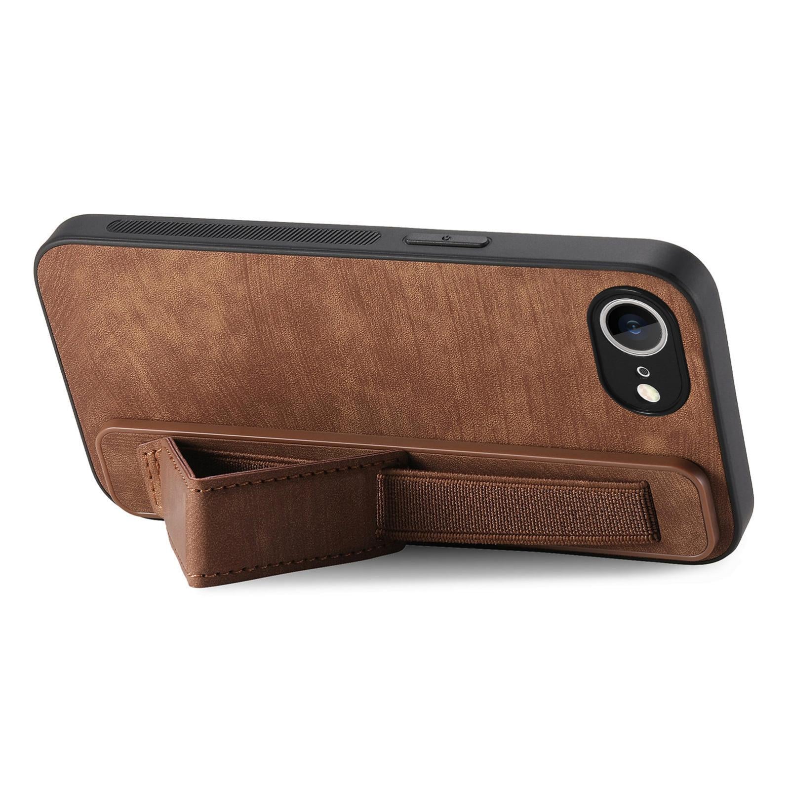 For-iPhone-17e-/-16e-Retro-Wristband-Holder-Leather-Back-Phone-Case(Brown)