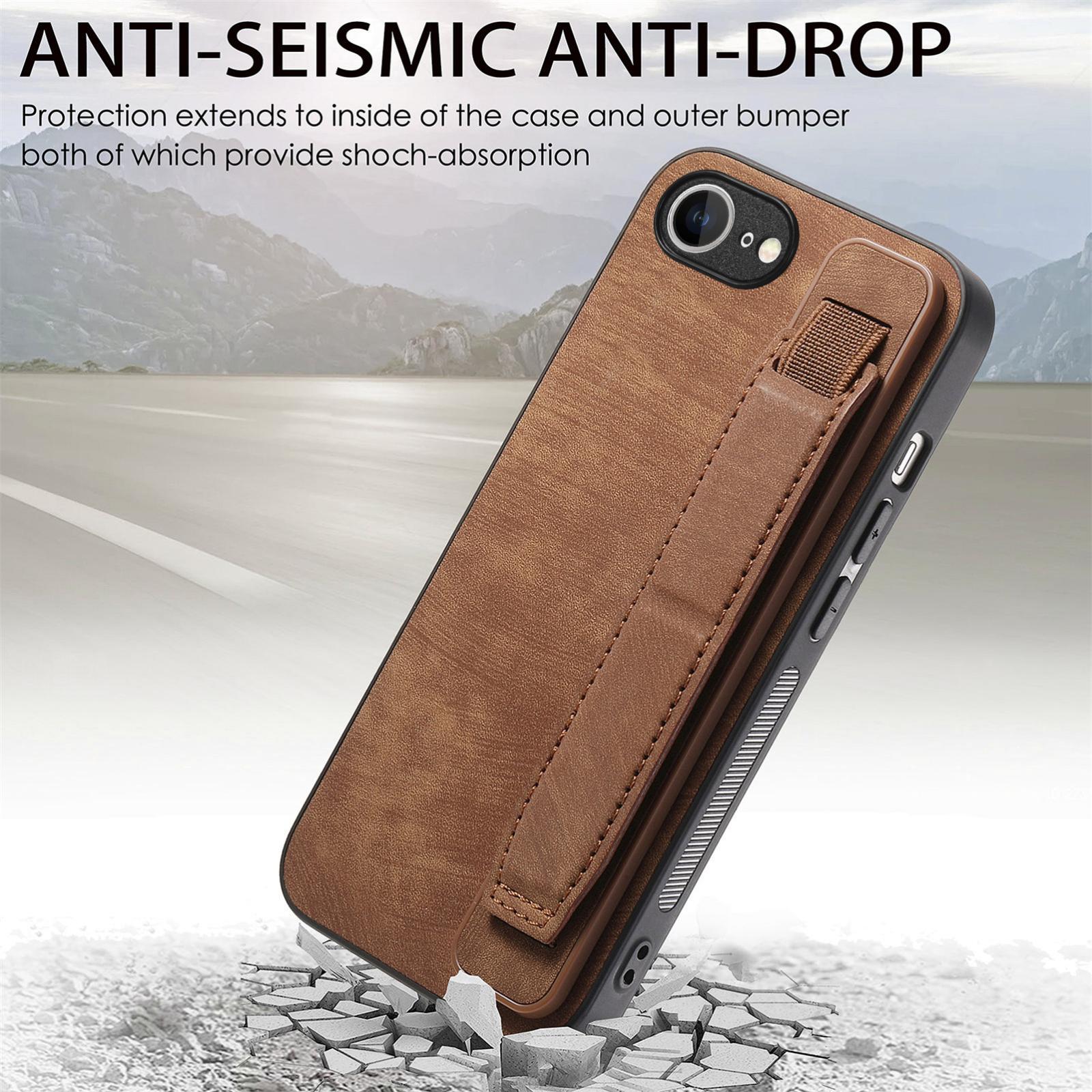 For-iPhone-17e-/-16e-Retro-Wristband-Holder-Leather-Back-Phone-Case(Brown)