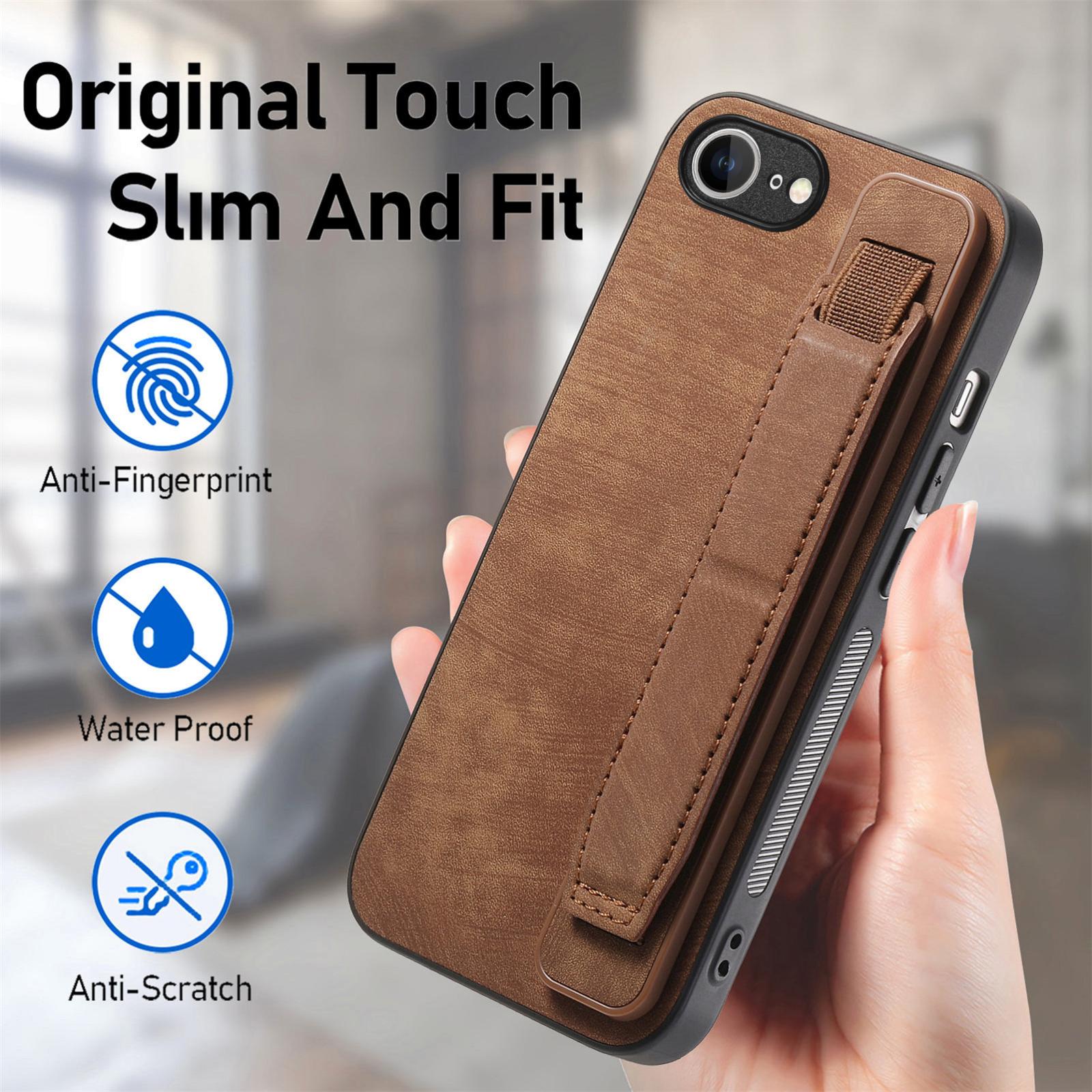 For-iPhone-17e-/-16e-Retro-Wristband-Holder-Leather-Back-Phone-Case(Brown)