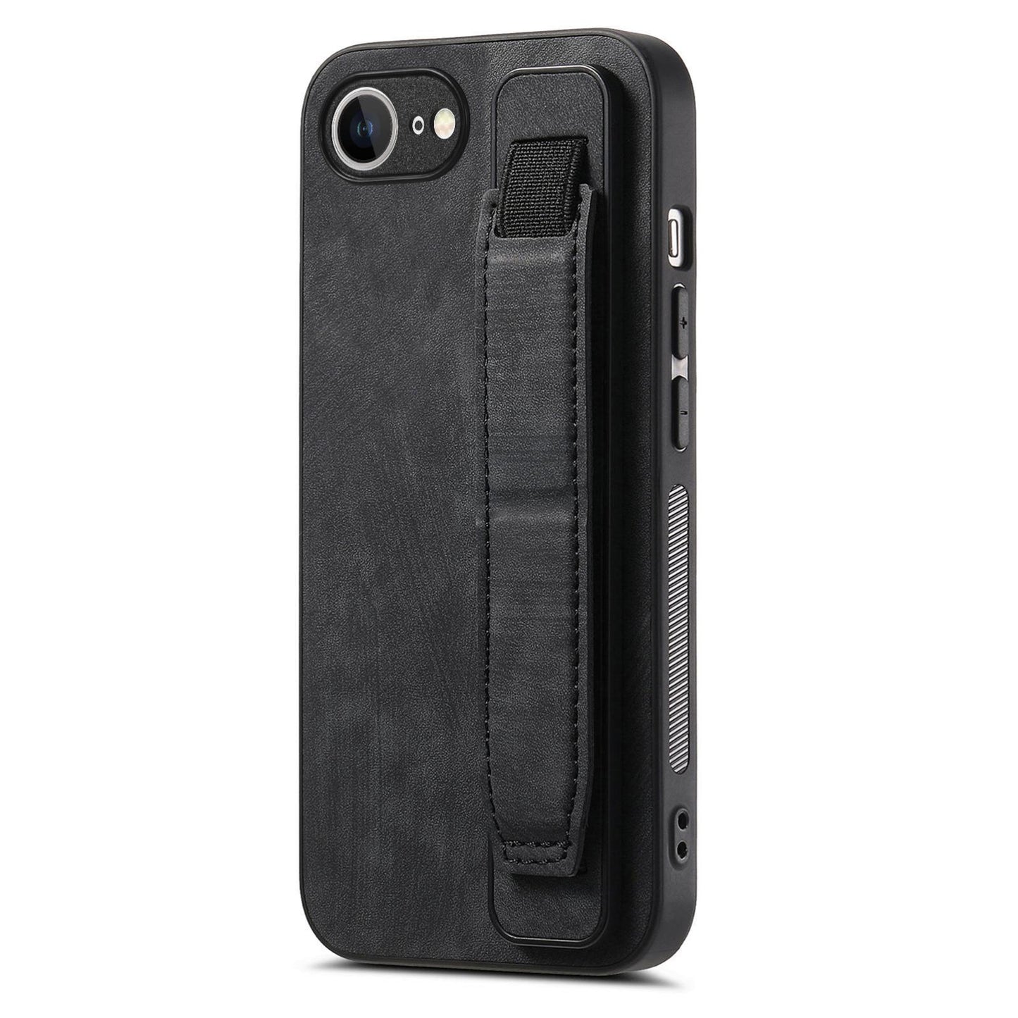 For-iPhone-17e-/-16e-Retro-Wristband-Holder-Leather-Back-Phone-Case(Black)