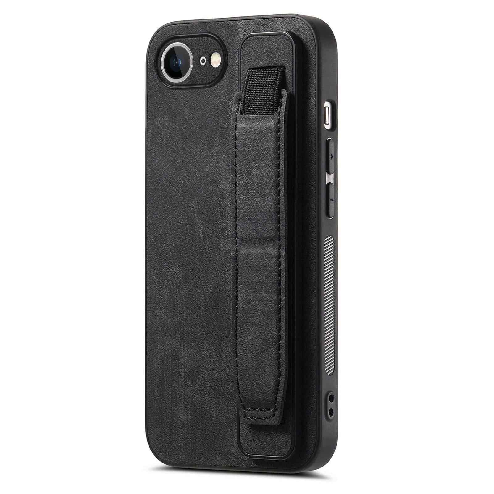 For-iPhone-17e-/-16e-Retro-Wristband-Holder-Leather-Back-Phone-Case(Black)