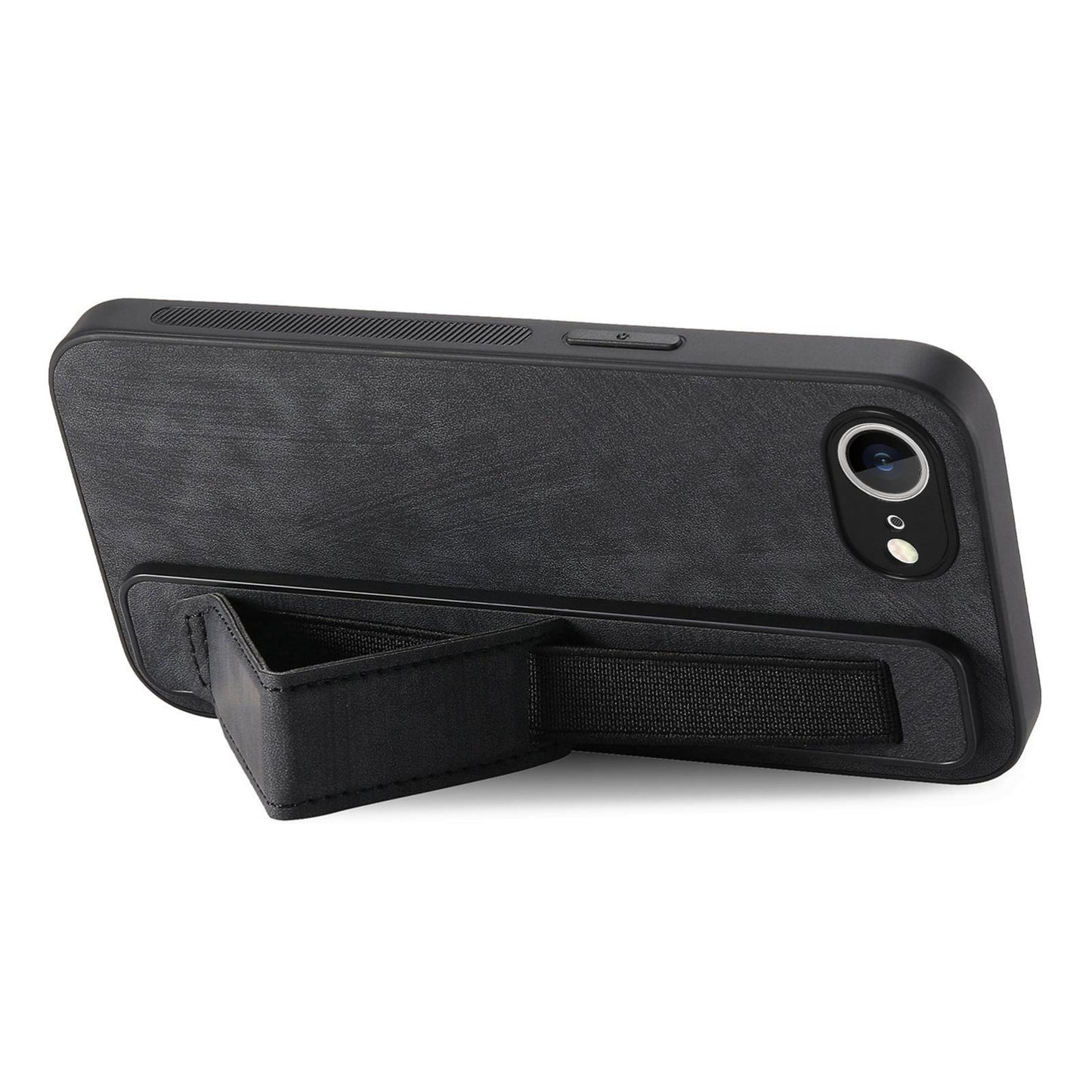 For-iPhone-17e-/-16e-Retro-Wristband-Holder-Leather-Back-Phone-Case(Black)
