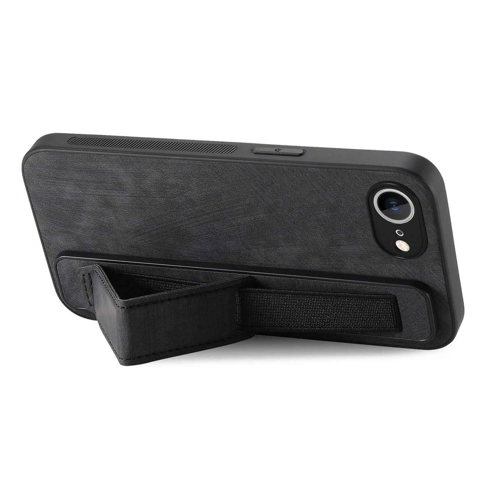For-iPhone-17e-/-16e-Retro-Wristband-Holder-Leather-Back-Phone-Case(Black)