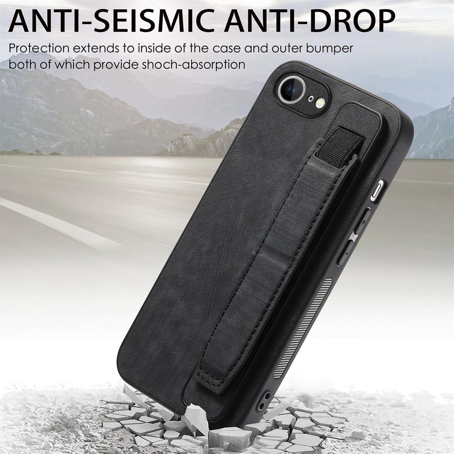 For-iPhone-17e-/-16e-Retro-Wristband-Holder-Leather-Back-Phone-Case(Black)