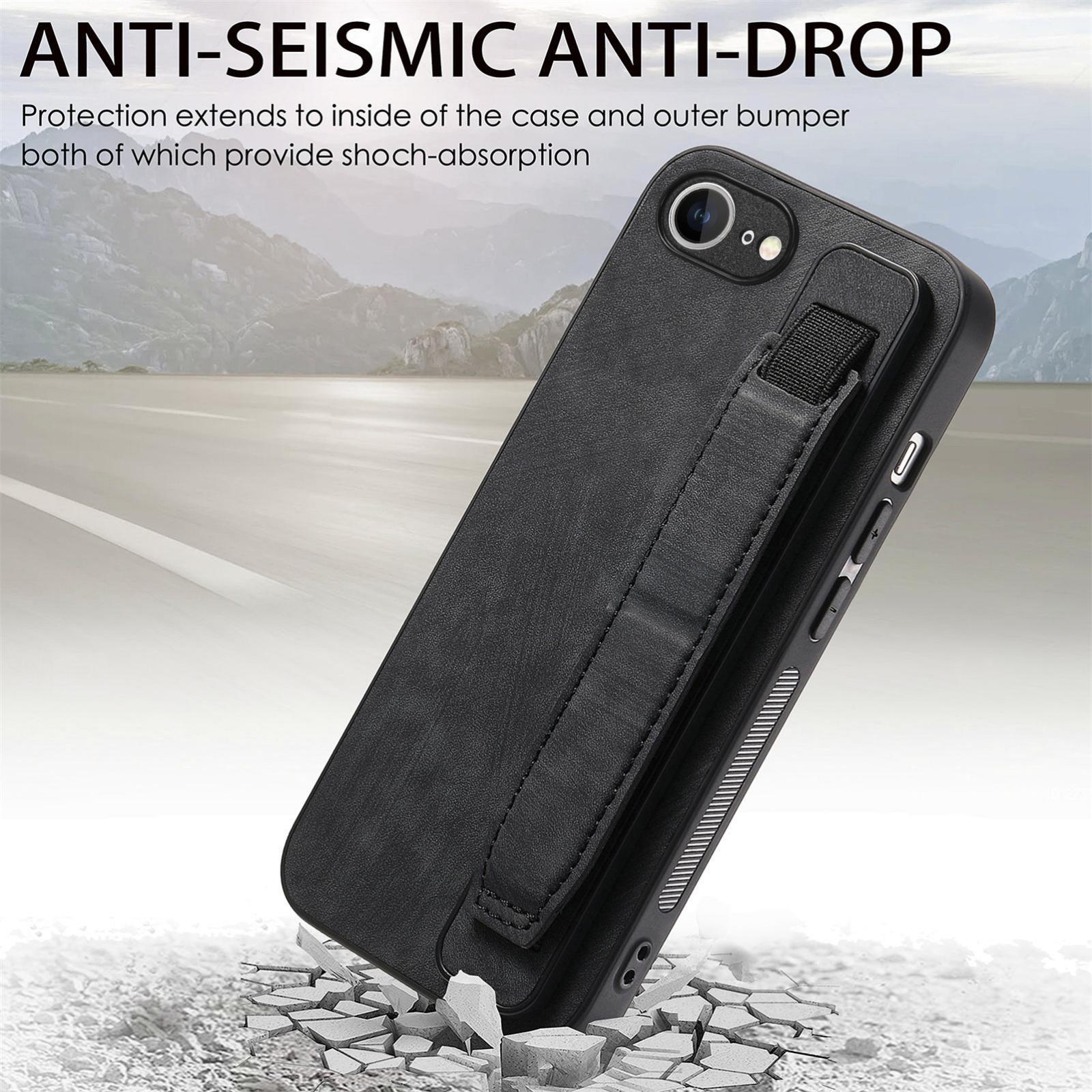 For-iPhone-17e-/-16e-Retro-Wristband-Holder-Leather-Back-Phone-Case(Black)