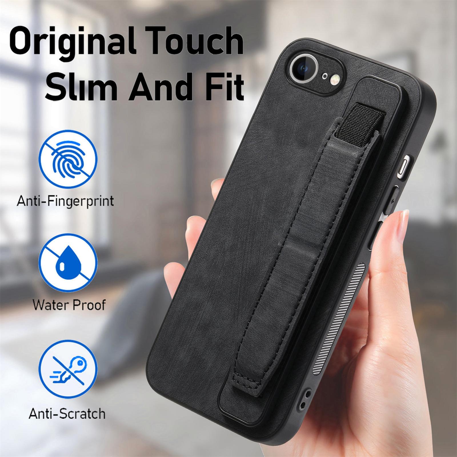 For-iPhone-17e-/-16e-Retro-Wristband-Holder-Leather-Back-Phone-Case(Black)