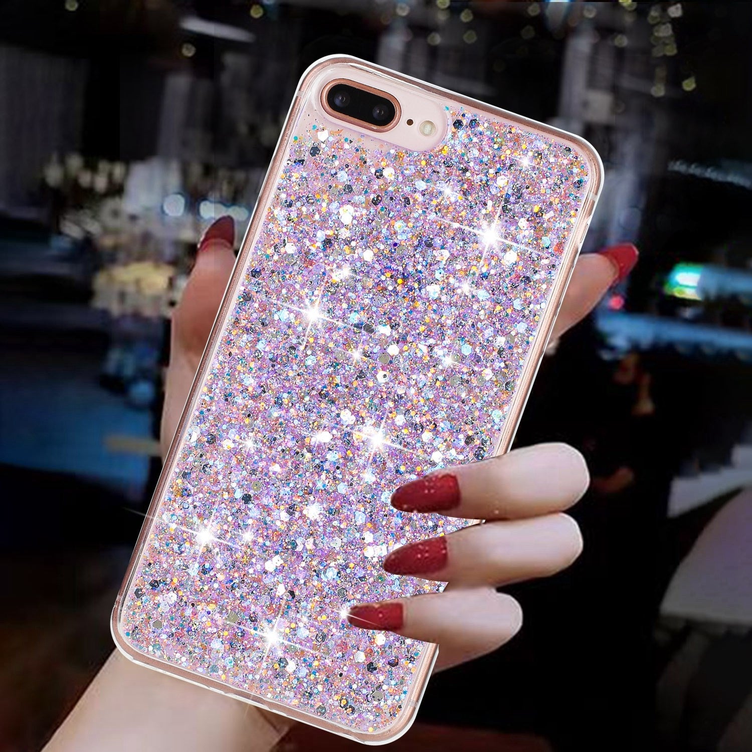 For-iPhone-8-Plus-/-7-Plus-Transparent-Frame-Glitter-Powder-TPU-Phone-Case(Purple)
