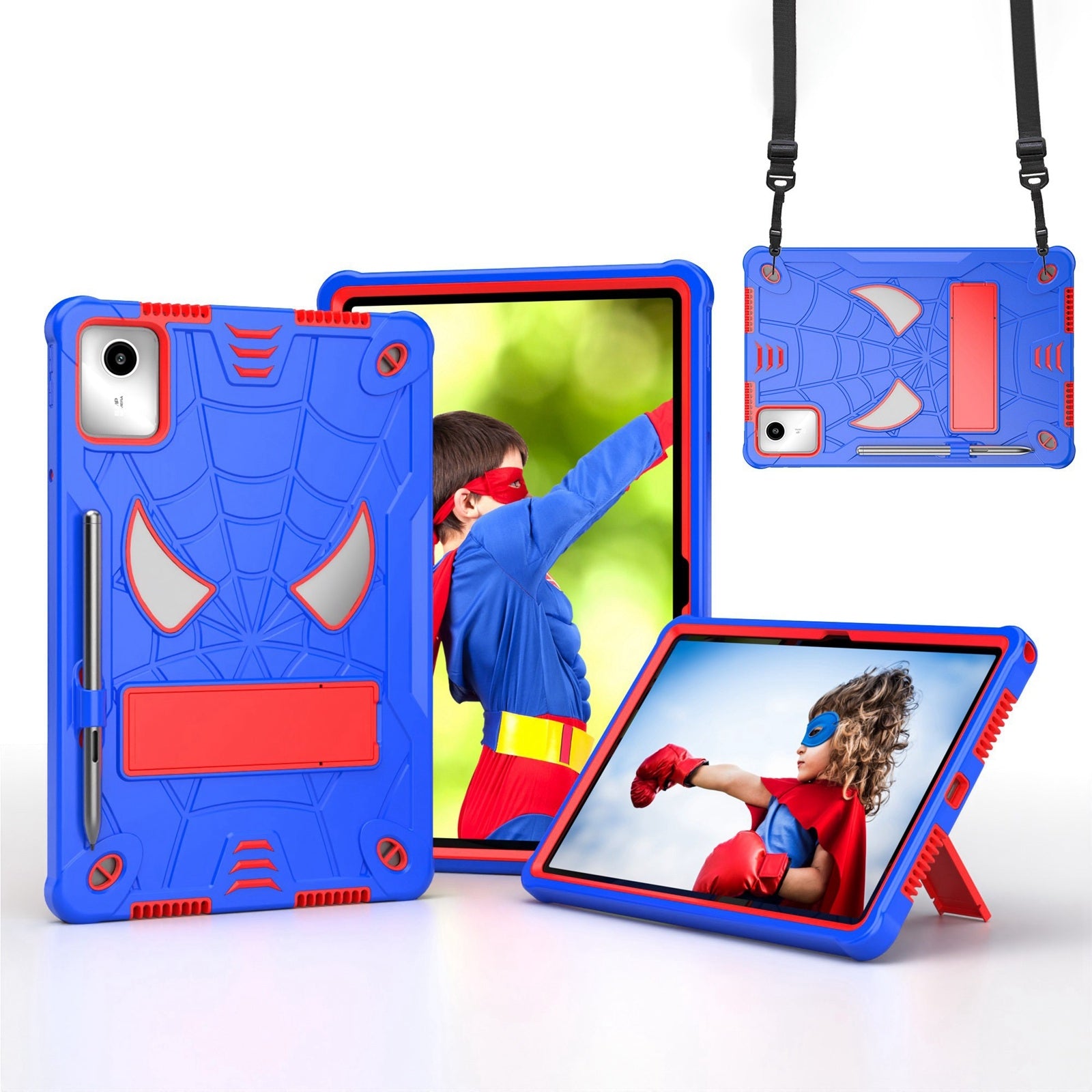 For-Lenovo-Tab-M11/-Xiaoxin-Pad-11-2024-Fold-Holder-Spider-Silicone-Hybrid-PC-Tablet-Case(Blue-Red)