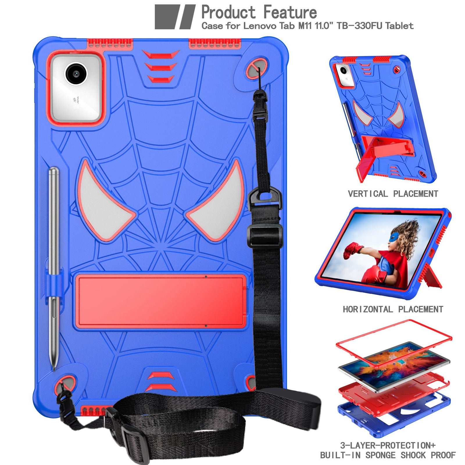 For-Lenovo-Tab-M11/-Xiaoxin-Pad-11-2024-Fold-Holder-Spider-Silicone-Hybrid-PC-Tablet-Case(Blue-Red)