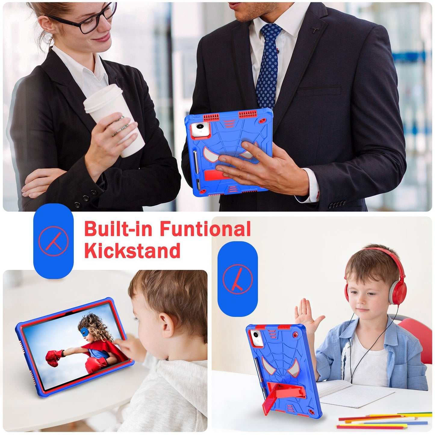 For-Lenovo-Tab-M11/-Xiaoxin-Pad-11-2024-Fold-Holder-Spider-Silicone-Hybrid-PC-Tablet-Case(Blue-Red)