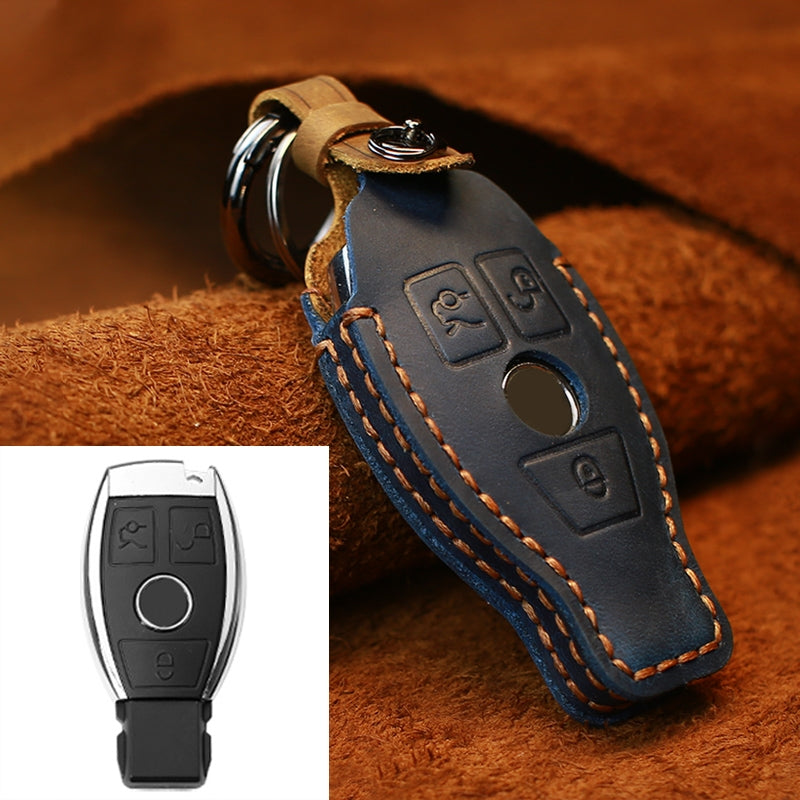 For-Mercedes-Benz-Old-Style-Car-Cowhide-Leather-Key-Protective-Cover-Key-Case-(Blue)