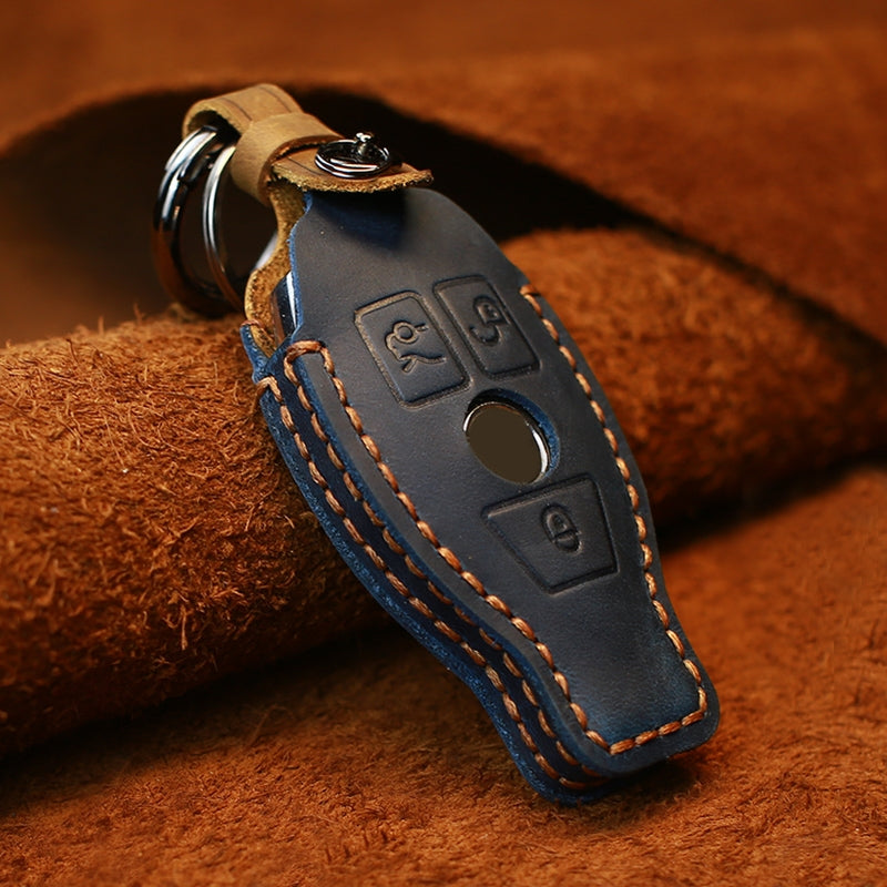 For-Mercedes-Benz-Old-Style-Car-Cowhide-Leather-Key-Protective-Cover-Key-Case-(Blue)