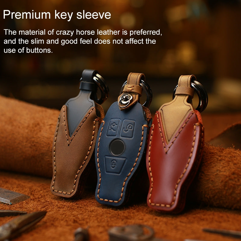 For-Mercedes-Benz-Old-Style-Car-Cowhide-Leather-Key-Protective-Cover-Key-Case-(Blue)