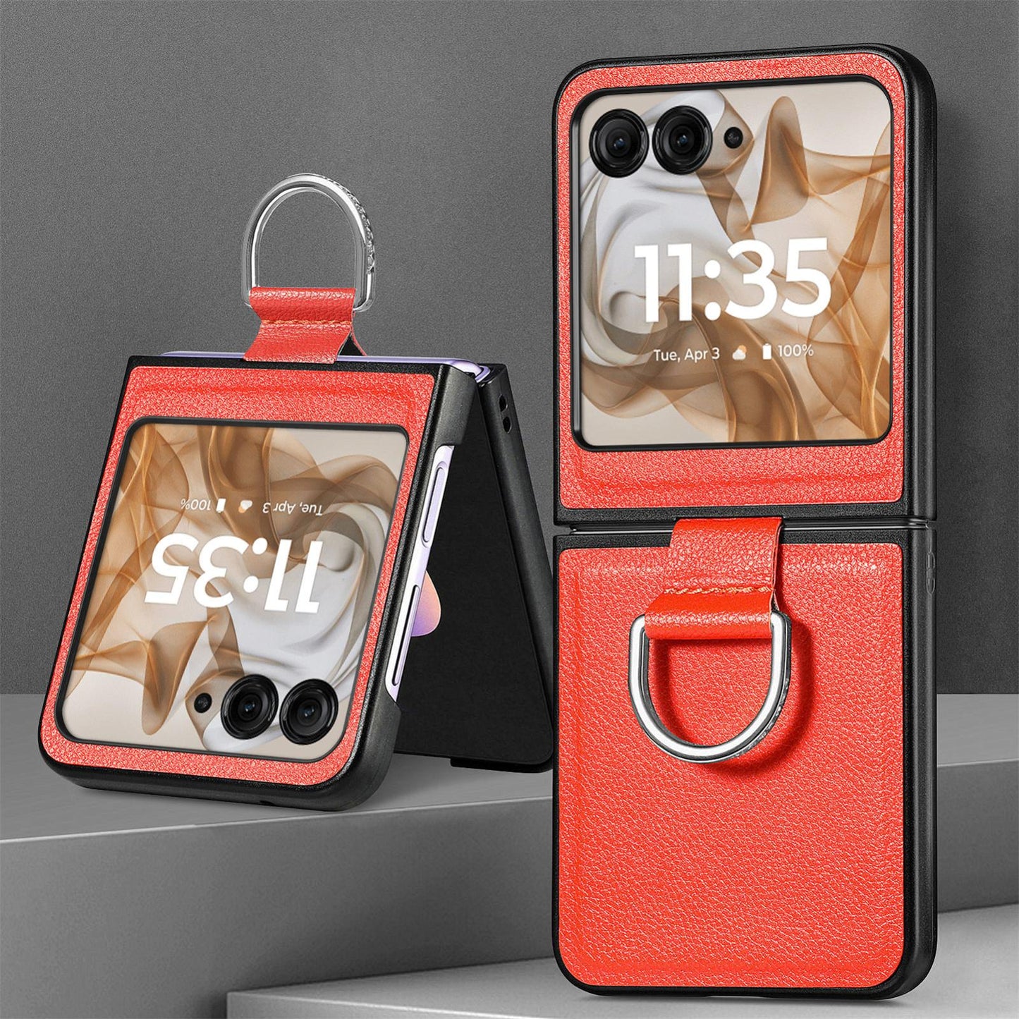 For-Motorola-Razr-50-Ultra-Litchi-Texture-Leather-Ring-Fold-Phone-Case(Orange)