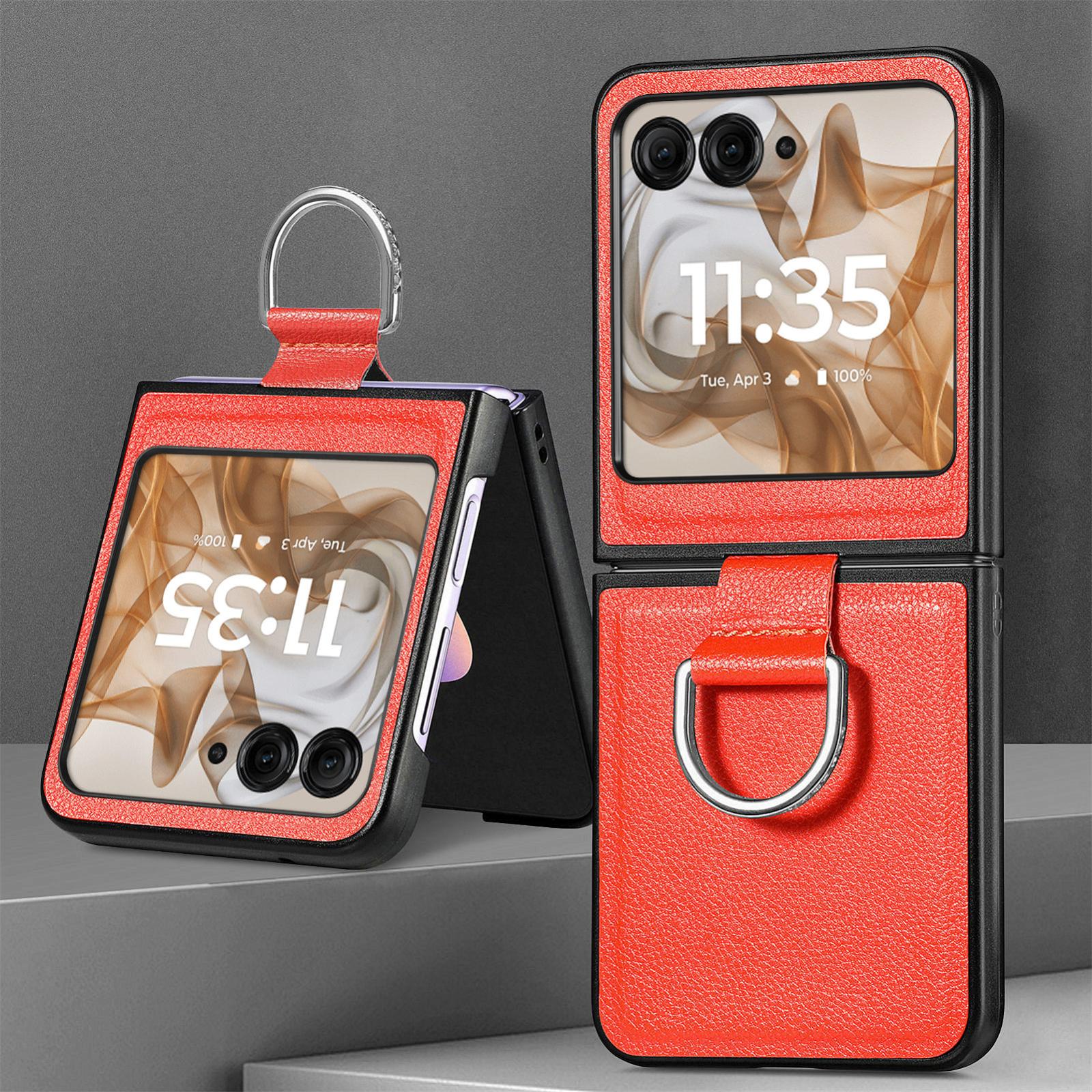 For-Motorola-Razr-50-Ultra-Litchi-Texture-Leather-Ring-Fold-Phone-Case(Orange)