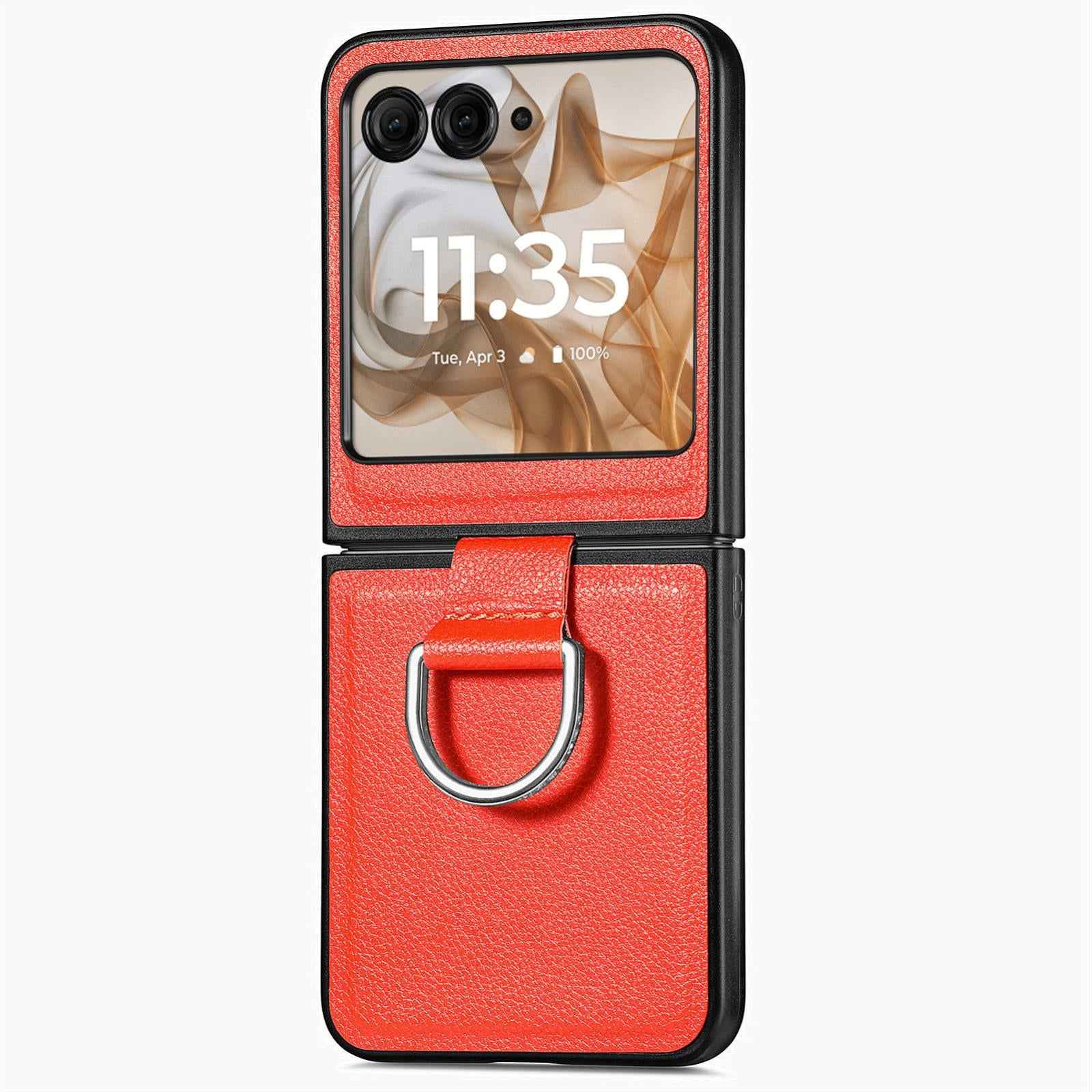 For-Motorola-Razr-50-Ultra-Litchi-Texture-Leather-Ring-Fold-Phone-Case(Orange)