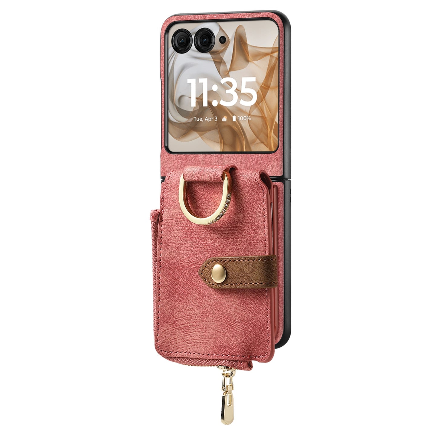 For-Motorola-Razr-50-Ultra-Retro-Ring-Vertical-Zipper-Wallet-Phone-Case(Pink)