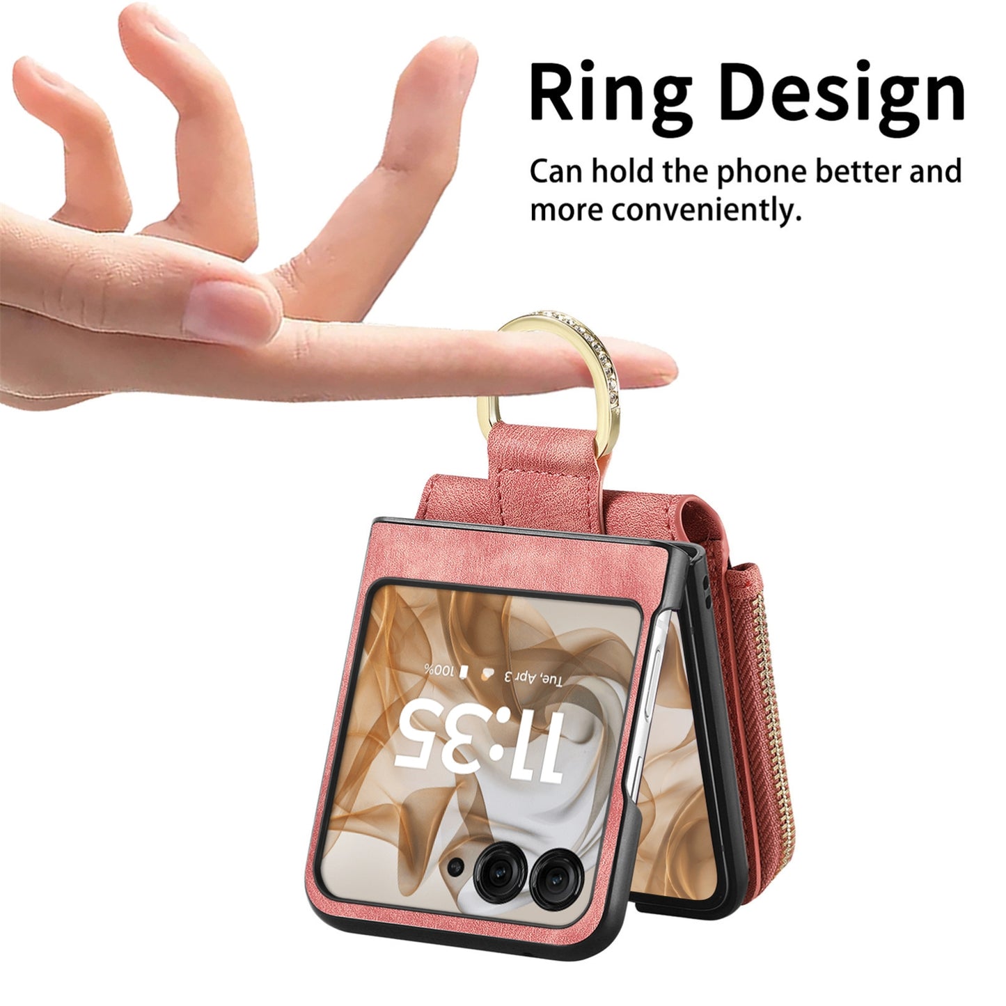 For-Motorola-Razr-50-Ultra-Retro-Ring-Vertical-Zipper-Wallet-Phone-Case(Pink)