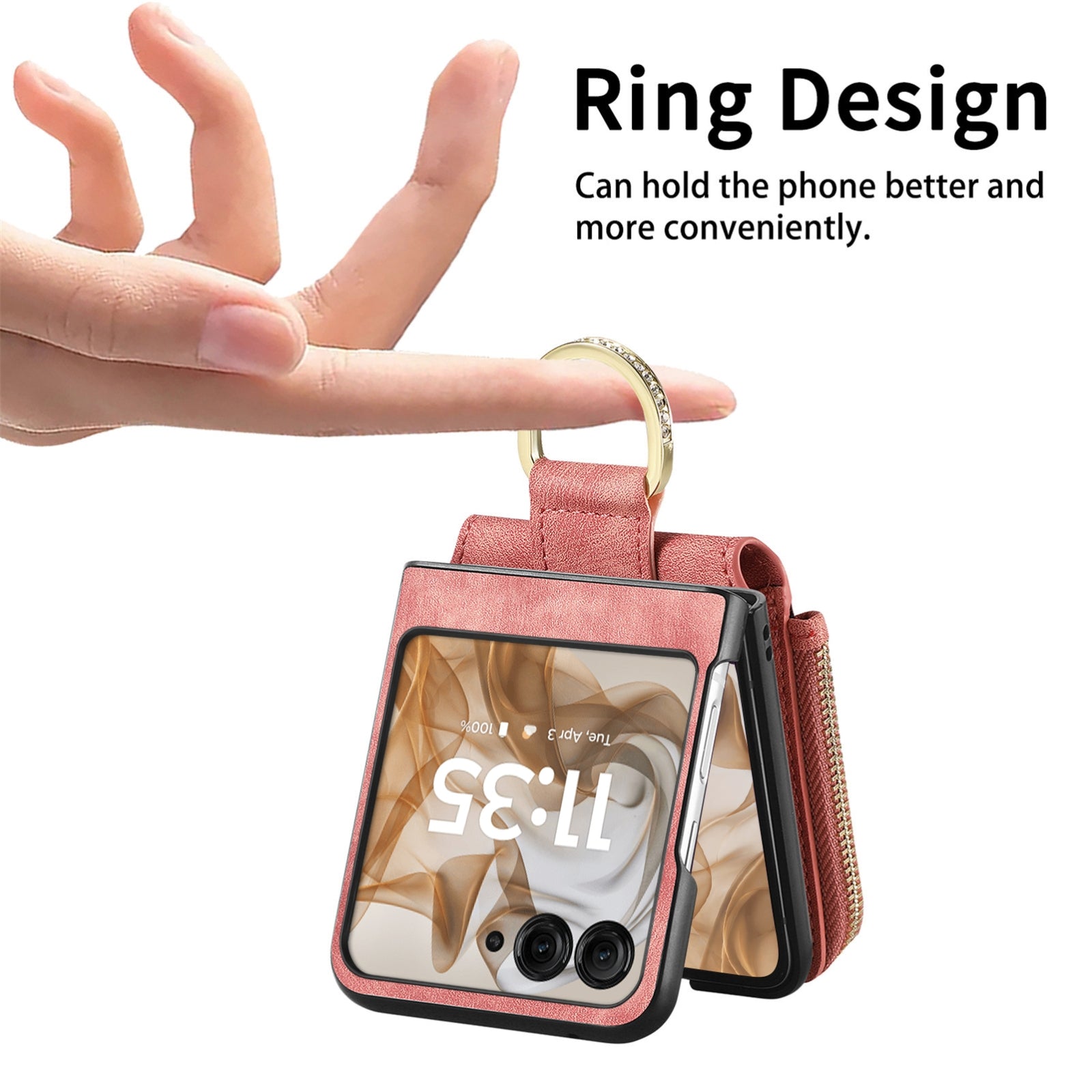For-Motorola-Razr-50-Ultra-Retro-Ring-Vertical-Zipper-Wallet-Phone-Case(Pink)