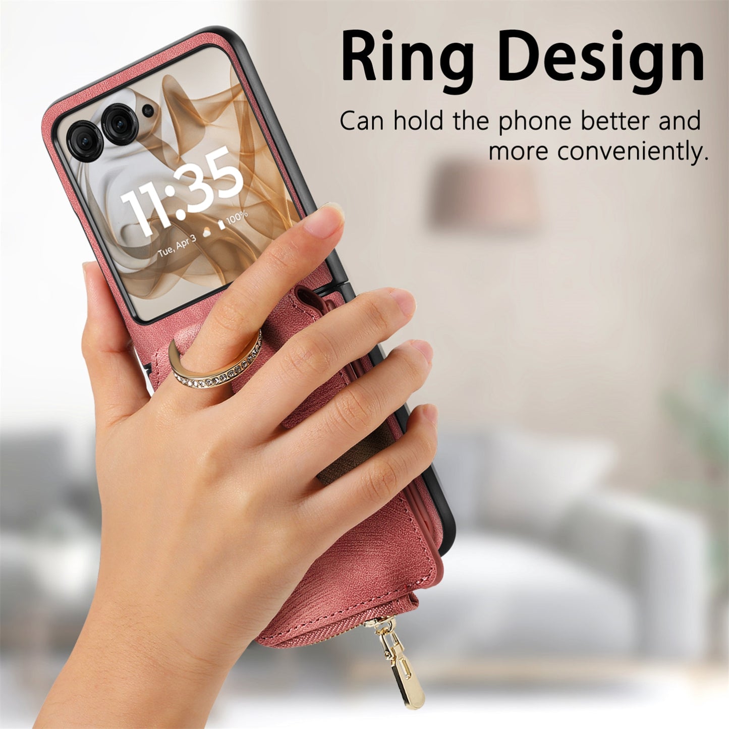 For-Motorola-Razr-50-Ultra-Retro-Ring-Vertical-Zipper-Wallet-Phone-Case(Pink)