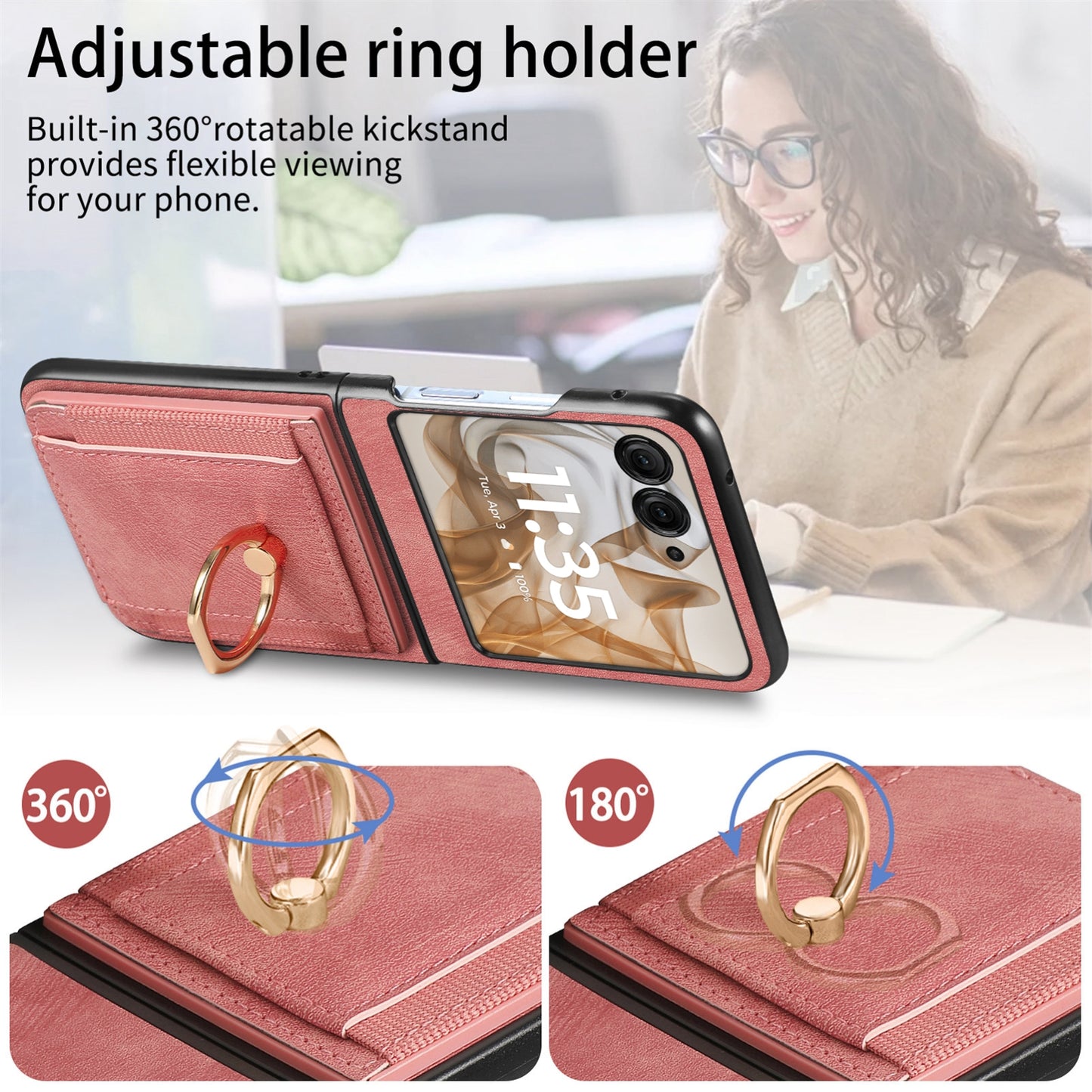 For-Motorola-Razr-50-Ultra-Retro-Skin-feel-Ring-Card-Bag-Phone-Case(Pink)