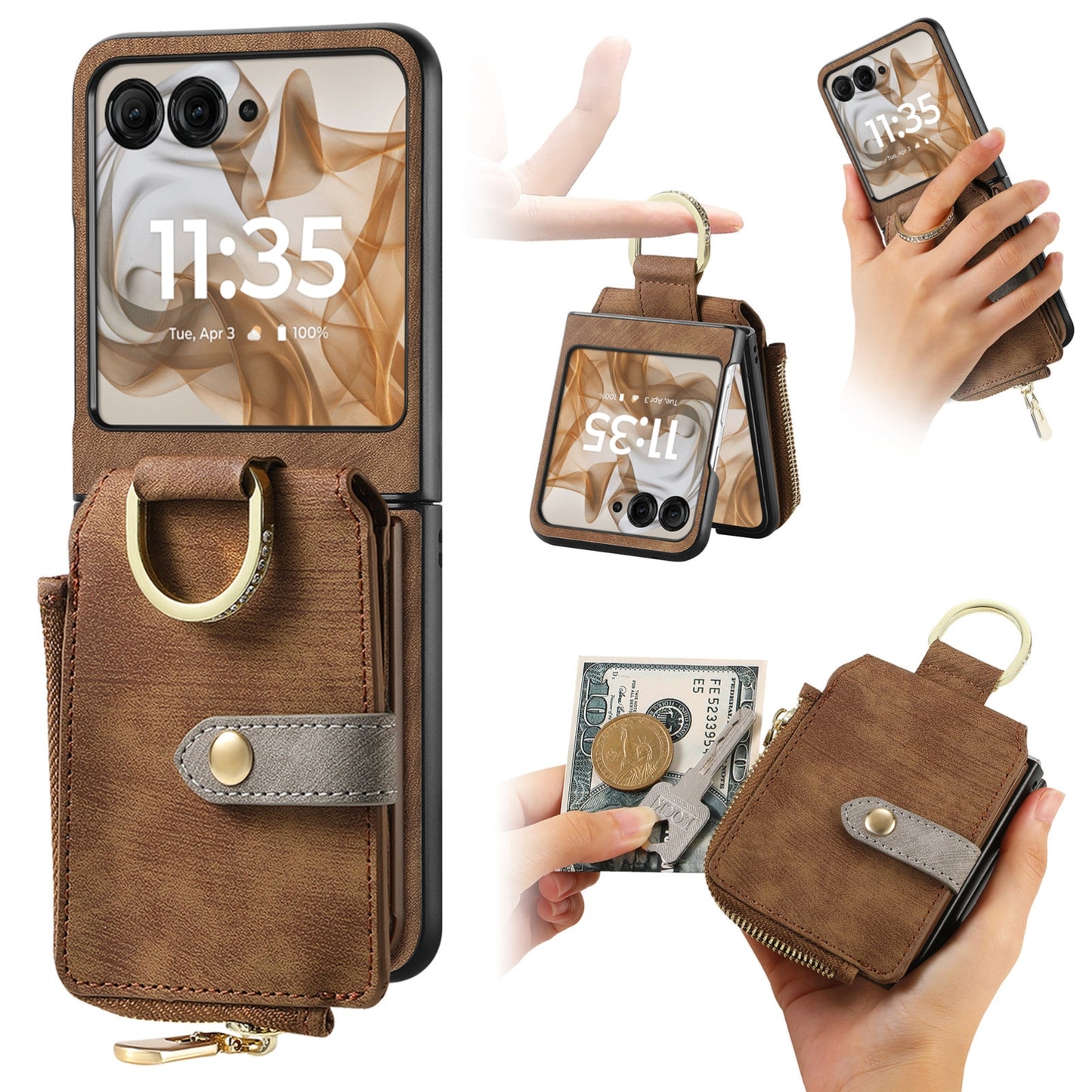 For-Motorola-Razr-50-Ultra-Retro-Ring-Vertical-Zipper-Wallet-Phone-Case(Brown)