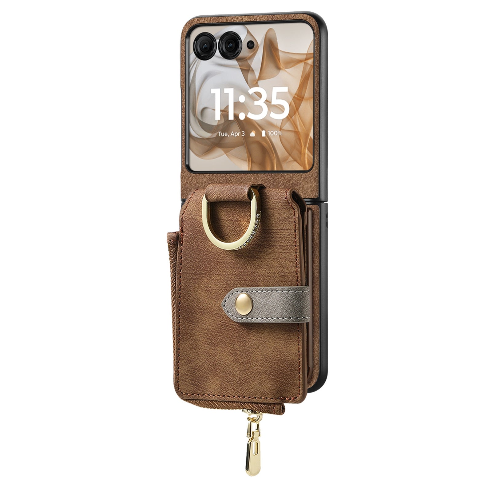 For-Motorola-Razr-50-Ultra-Retro-Ring-Vertical-Zipper-Wallet-Phone-Case(Brown)