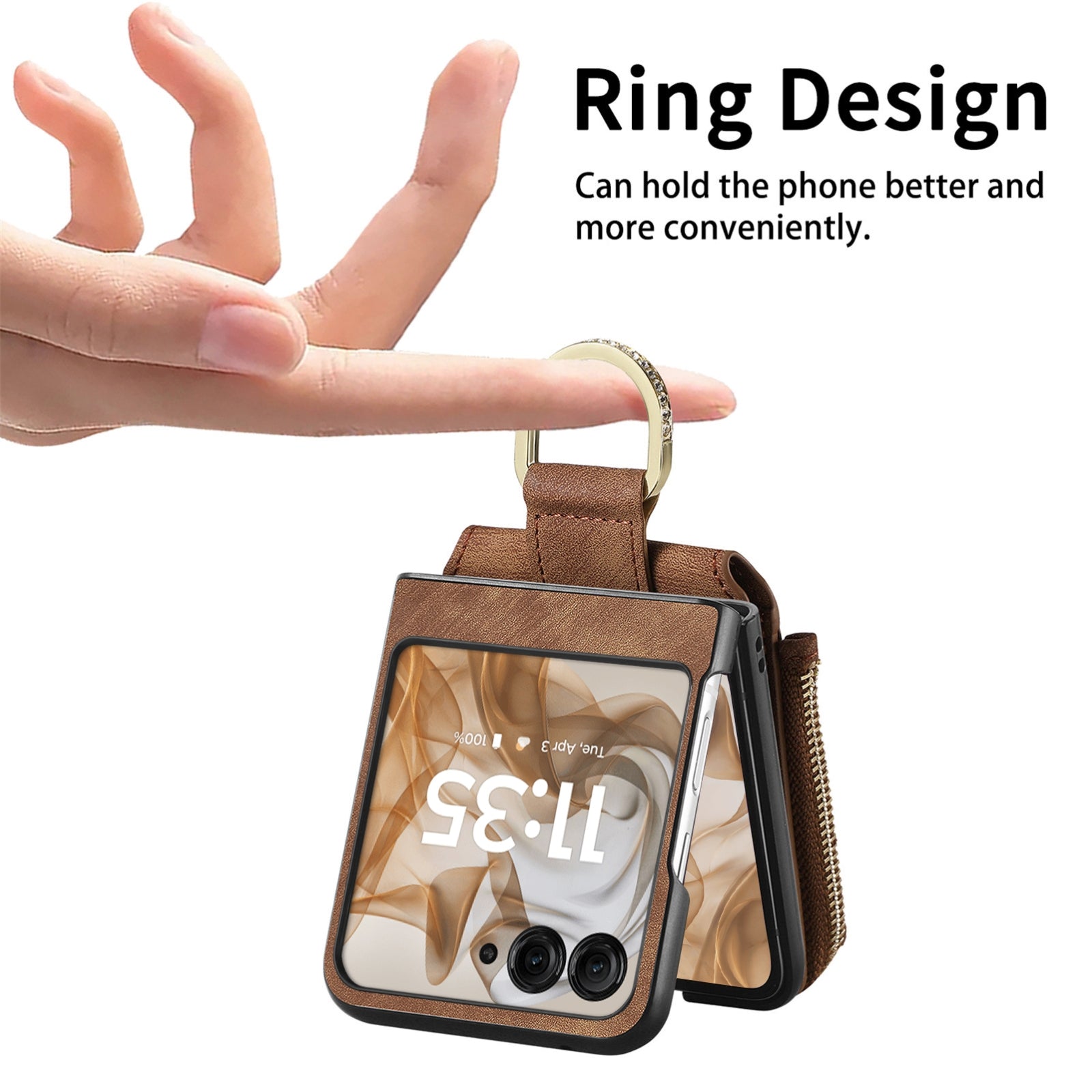 For-Motorola-Razr-50-Ultra-Retro-Ring-Vertical-Zipper-Wallet-Phone-Case(Brown)