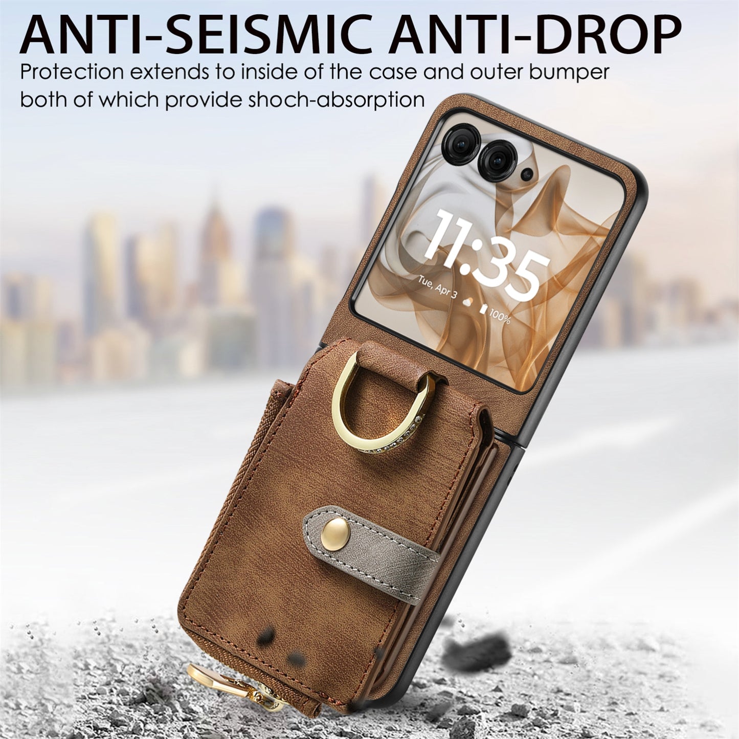 For-Motorola-Razr-50-Ultra-Retro-Ring-Vertical-Zipper-Wallet-Phone-Case(Brown)