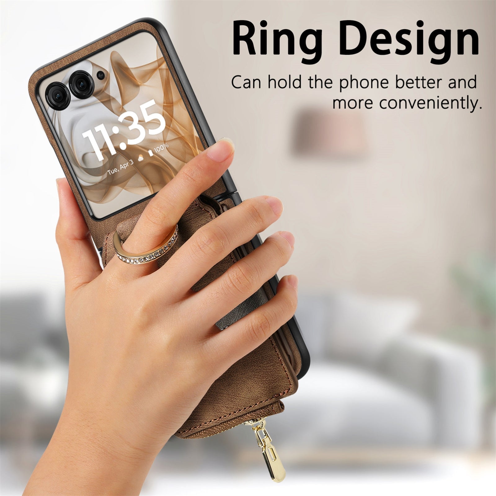 For-Motorola-Razr-50-Ultra-Retro-Ring-Vertical-Zipper-Wallet-Phone-Case(Brown)