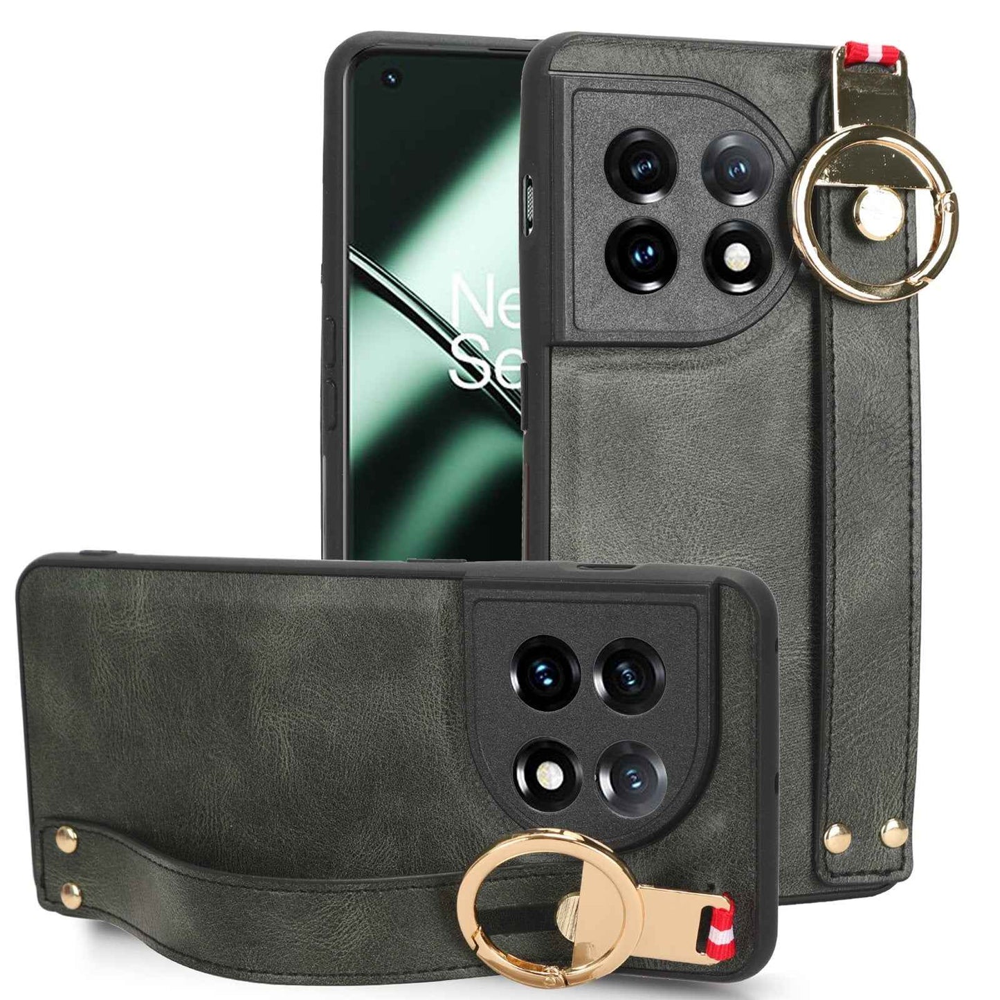 For-OnePlus-11-Wristband-Leather-Back-Phone-Case(Green)