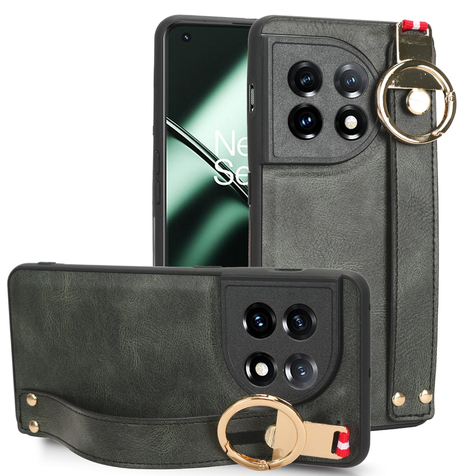 For-OnePlus-11-Wristband-Leather-Back-Phone-Case(Green)