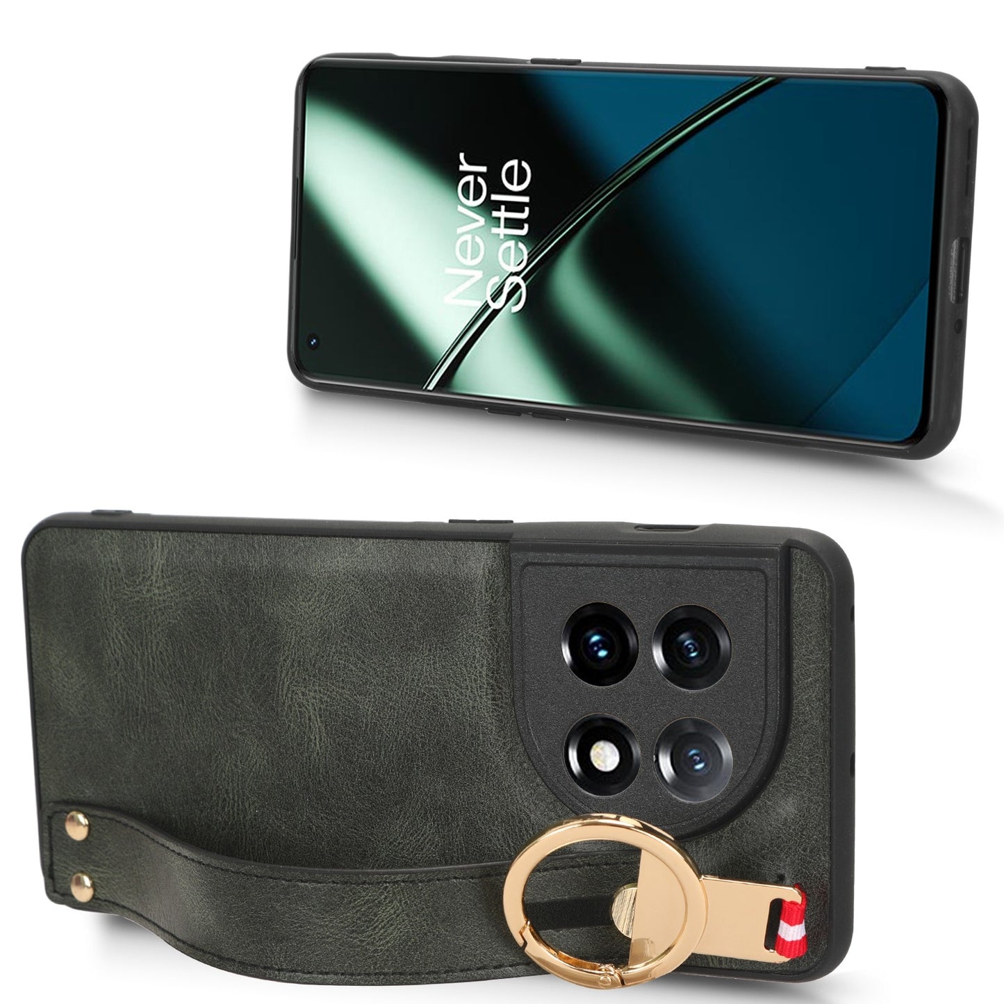 For-OnePlus-11-Wristband-Leather-Back-Phone-Case(Green)