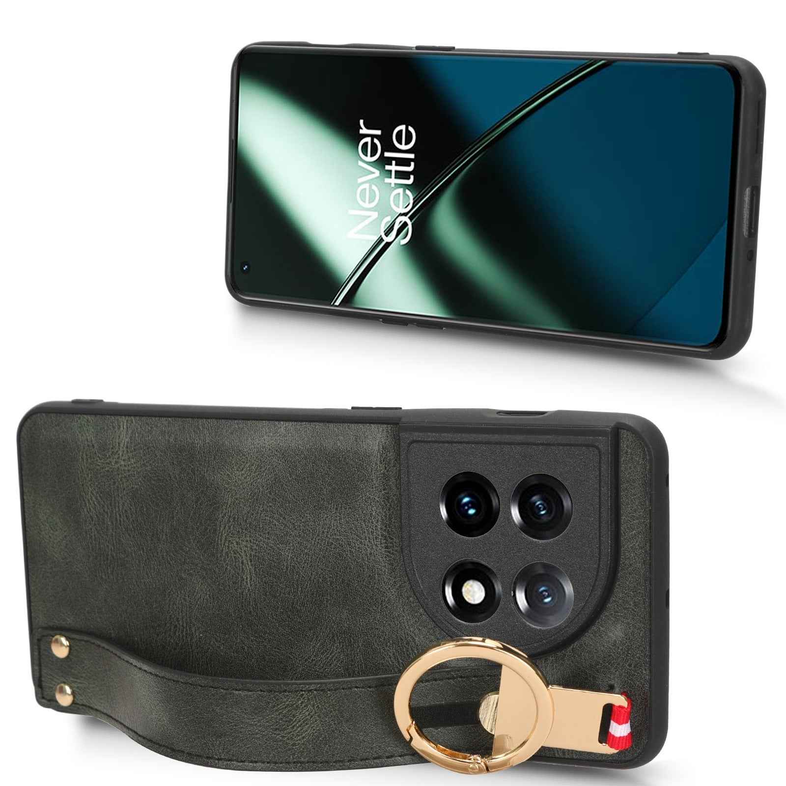 For-OnePlus-11-Wristband-Leather-Back-Phone-Case(Green)