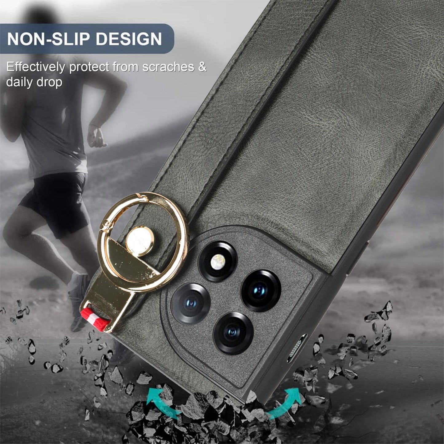For-OnePlus-11-Wristband-Leather-Back-Phone-Case(Green)