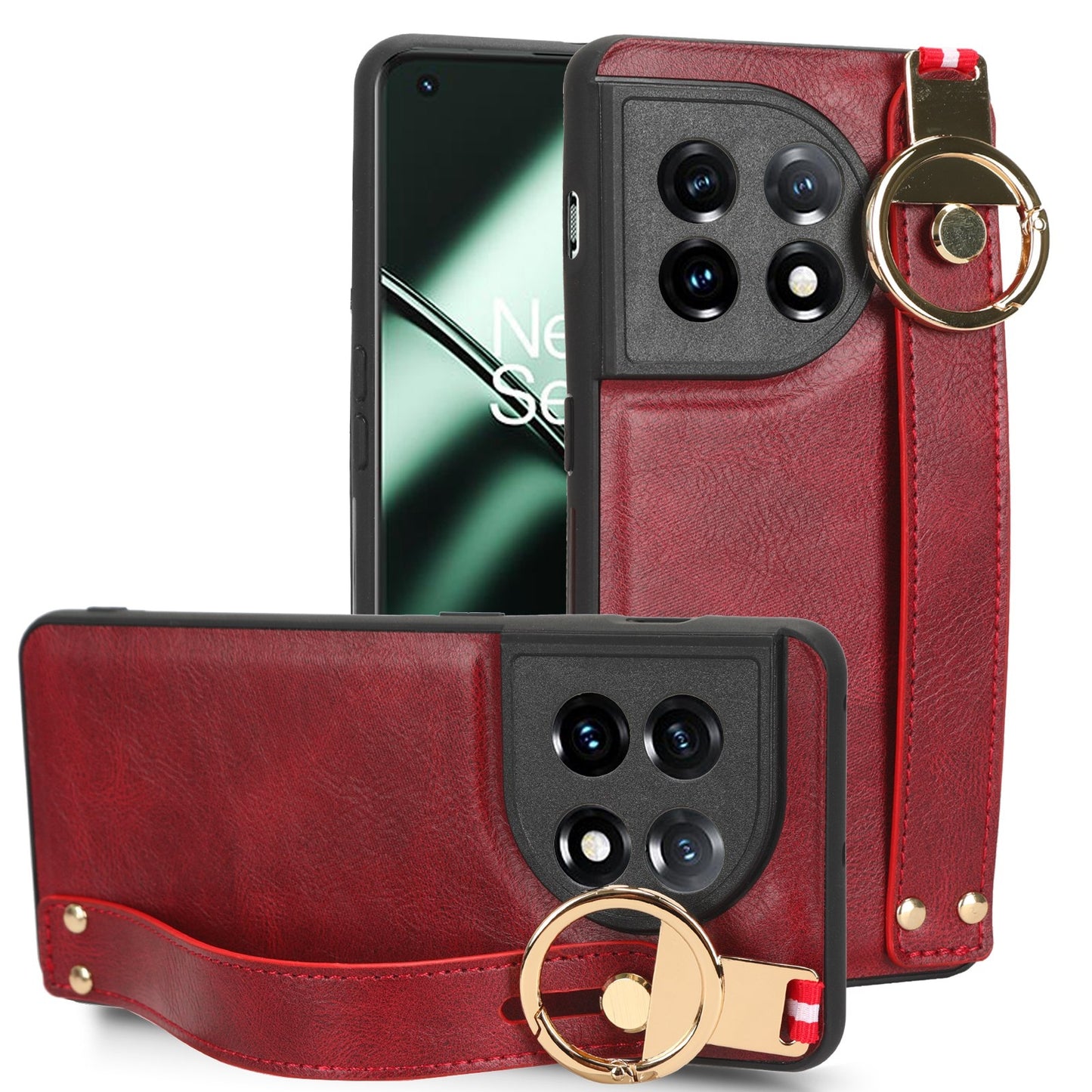 For-OnePlus-11-Wristband-Leather-Back-Phone-Case(Red)